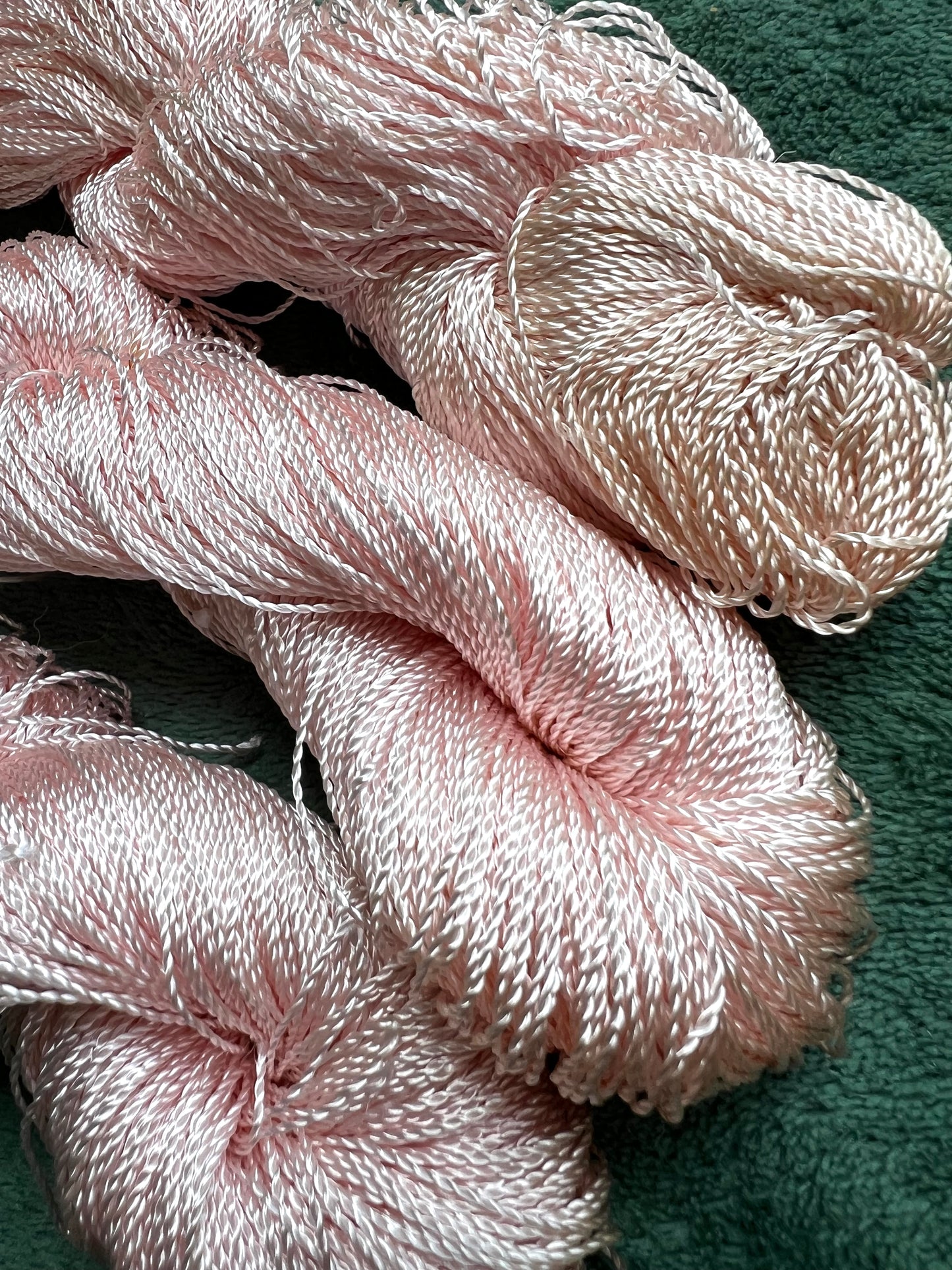 3 Skeins of Vintage Silvery Light Pink 1/2mm Silky Rayon Thread -with Some Discolouration.