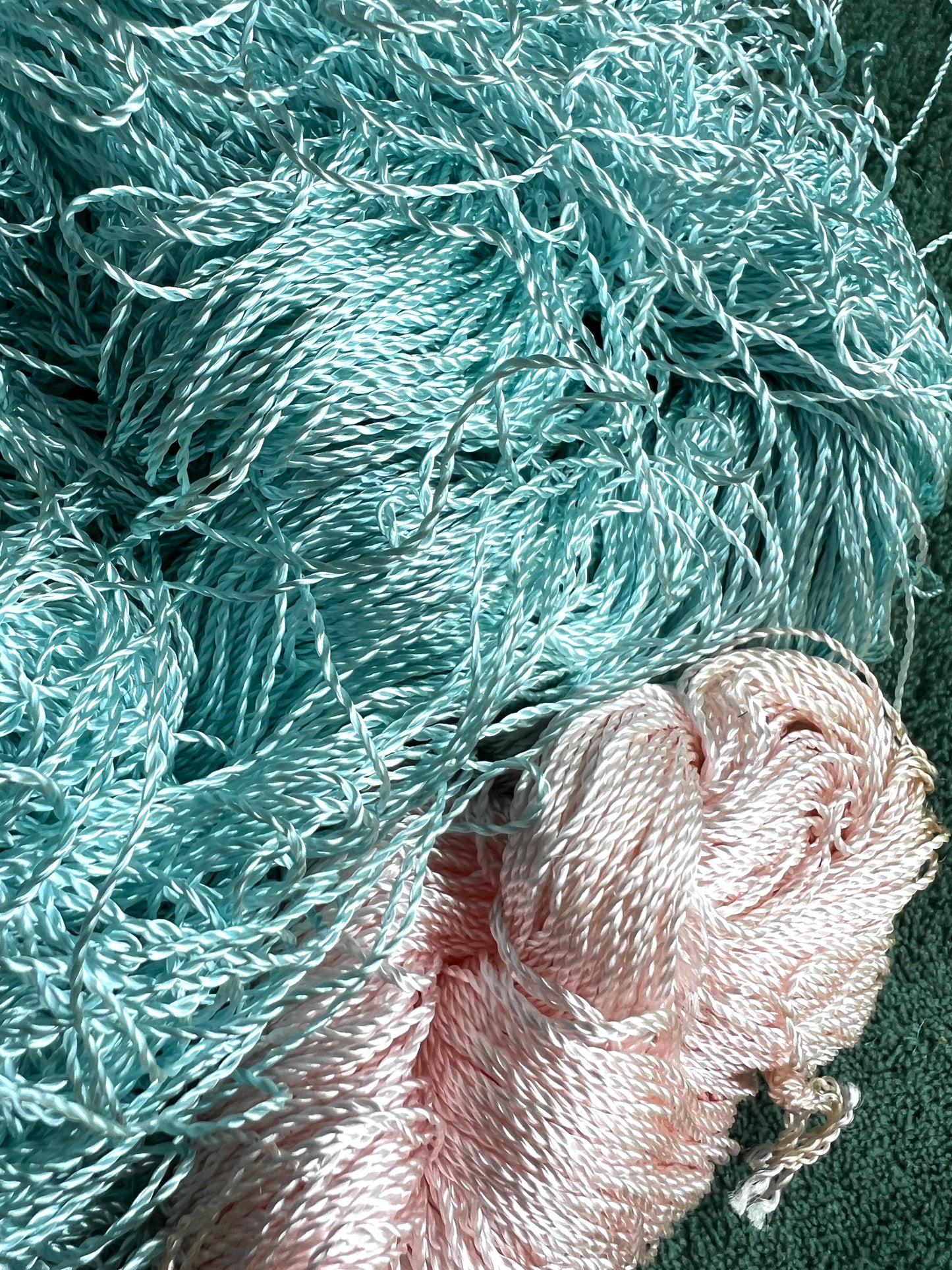 2 Skeins of Vintage Silvery Light Pink + Blue 1/2mm Silky Rayon Thread -with Some Discolouration.