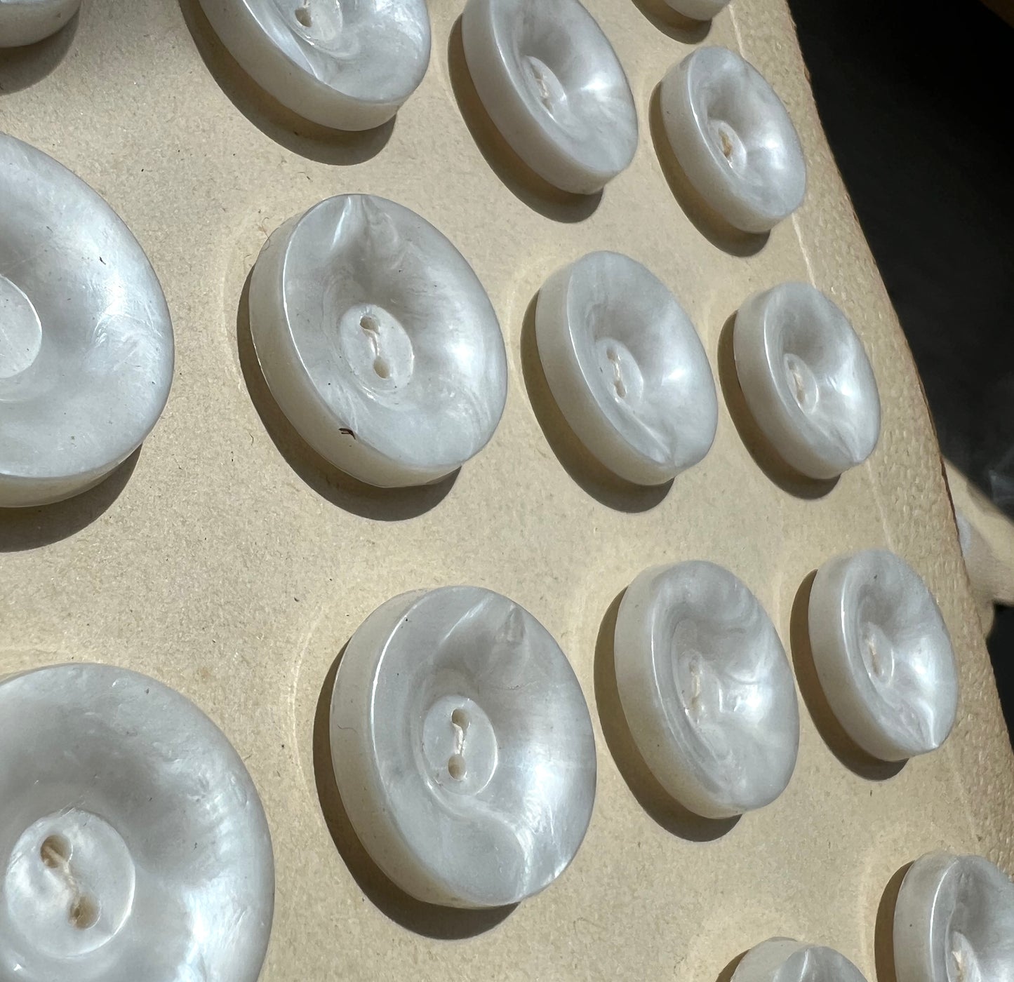 Box of 6 Sheets of 24 Vintage White 2cm Lucite Buttons