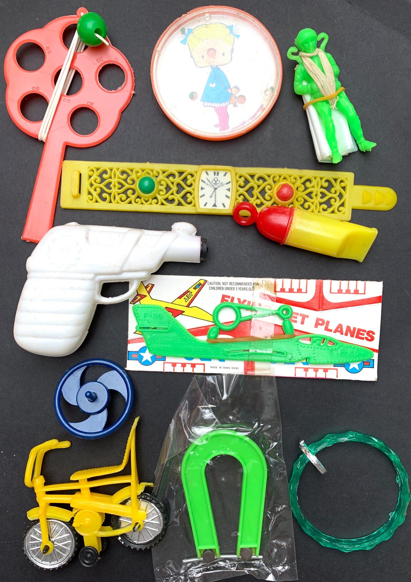 1970s Party Favors Set. 10 Toys including Chopper Made in Hong Kong