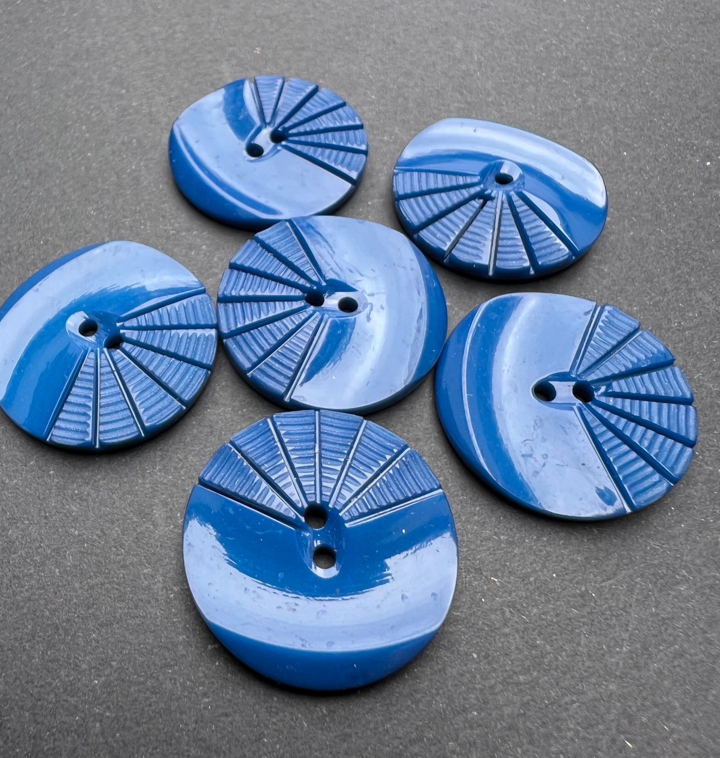 6 Prussian Blue 1930s Moulded and Carved 2.2cm Buttons
