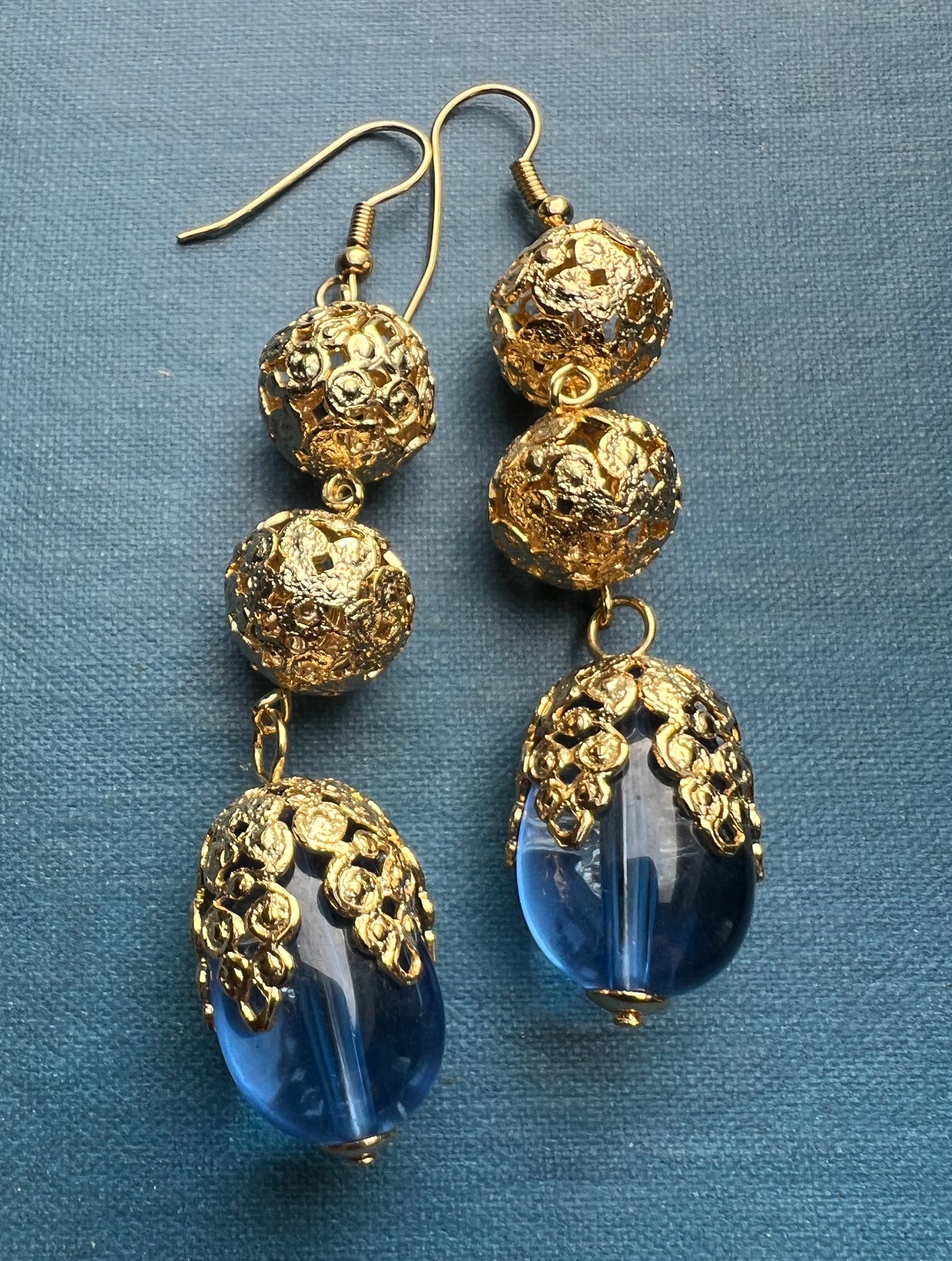 Wonderfully 1980s Blue and Gold Earrings