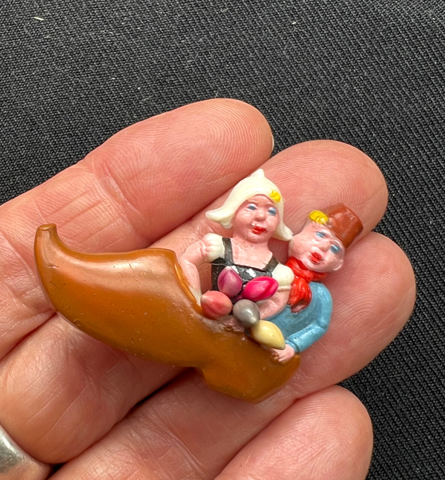 Sweet Vintage Celluloid Brooch ..Dutch Children in a Clog.