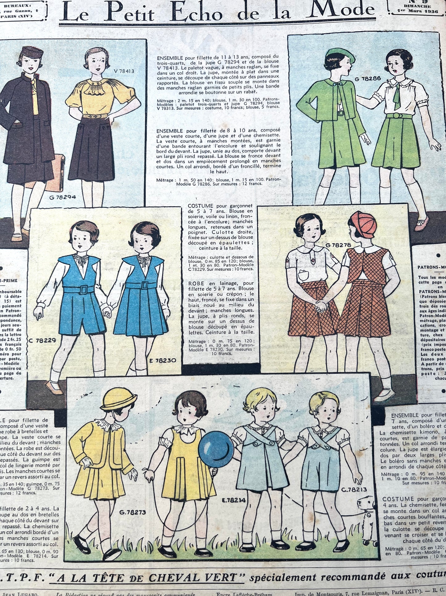 1930s Childrens Clothes in 1st March 1936 French Womens Paper Le Petit Echo de la Mode