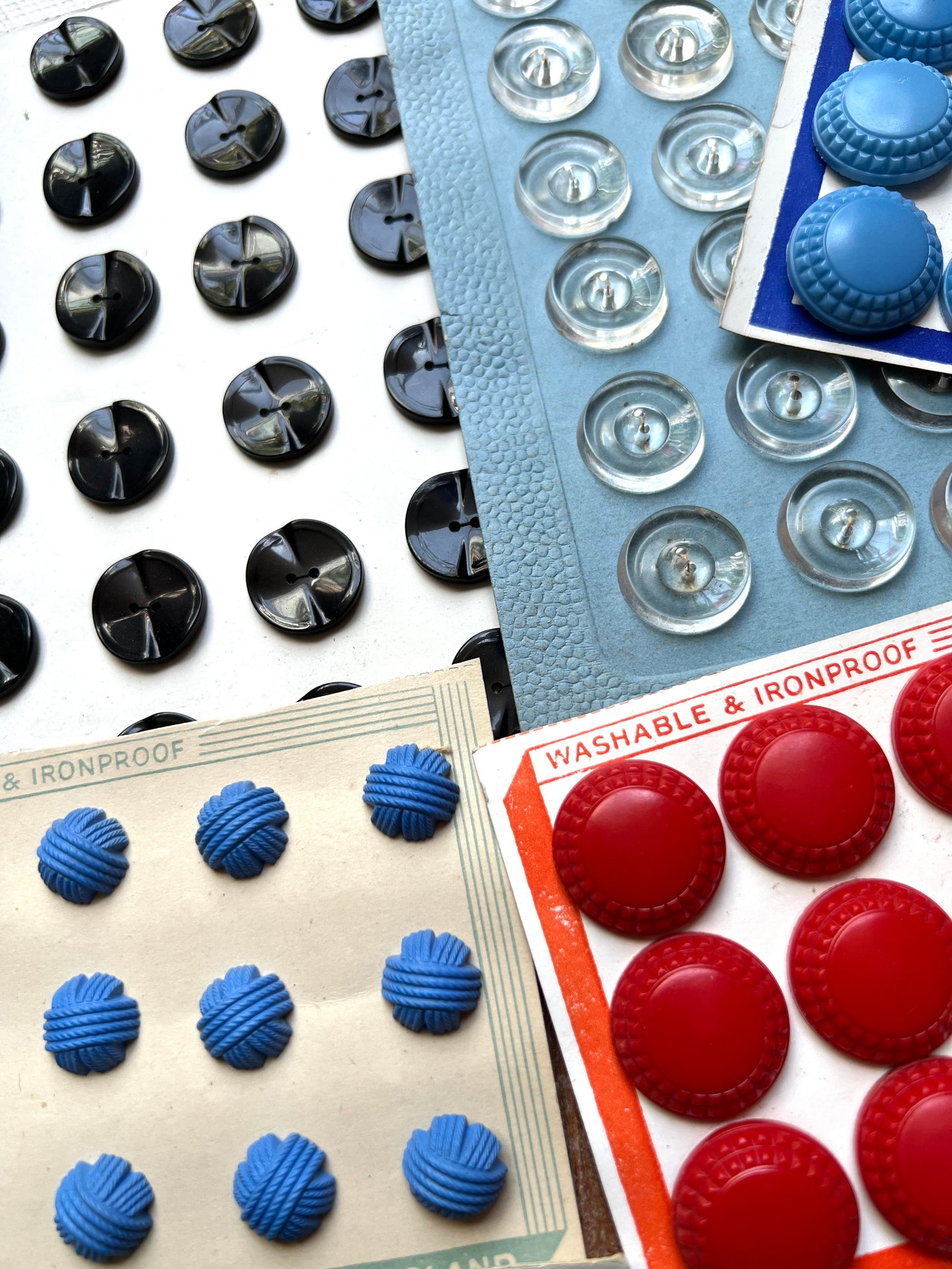 15 Sheets of Vintage Glass, Bakelite and Lucite Multi Coloured Buttons (S)