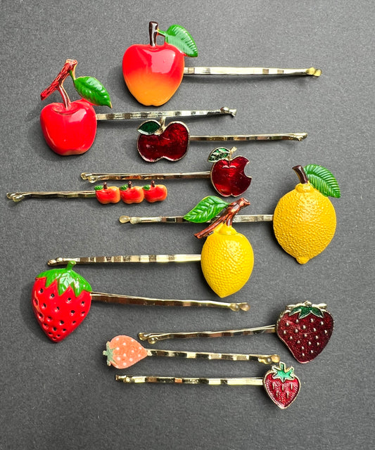 Vintage FRUIT Bobby Pins / Hair slides Apples, Cherries, Lemons, Strawberries, Peaches