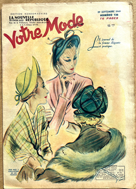 Demure Hats for Autumn 1949 in French Fashion Magazine Votre Mode September 1949