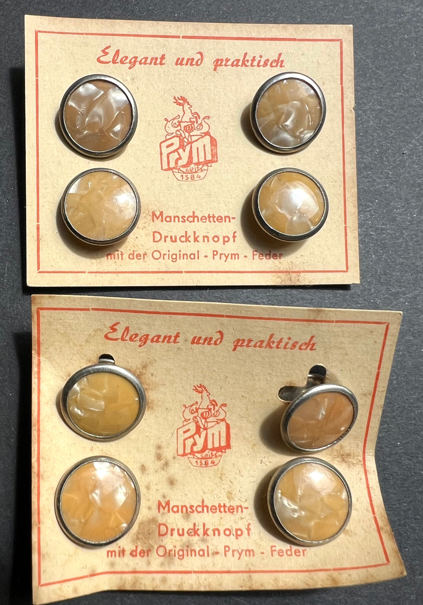 Vintage 1950s Caramel German Snap Push Button Cuff Links on Foxed Cards