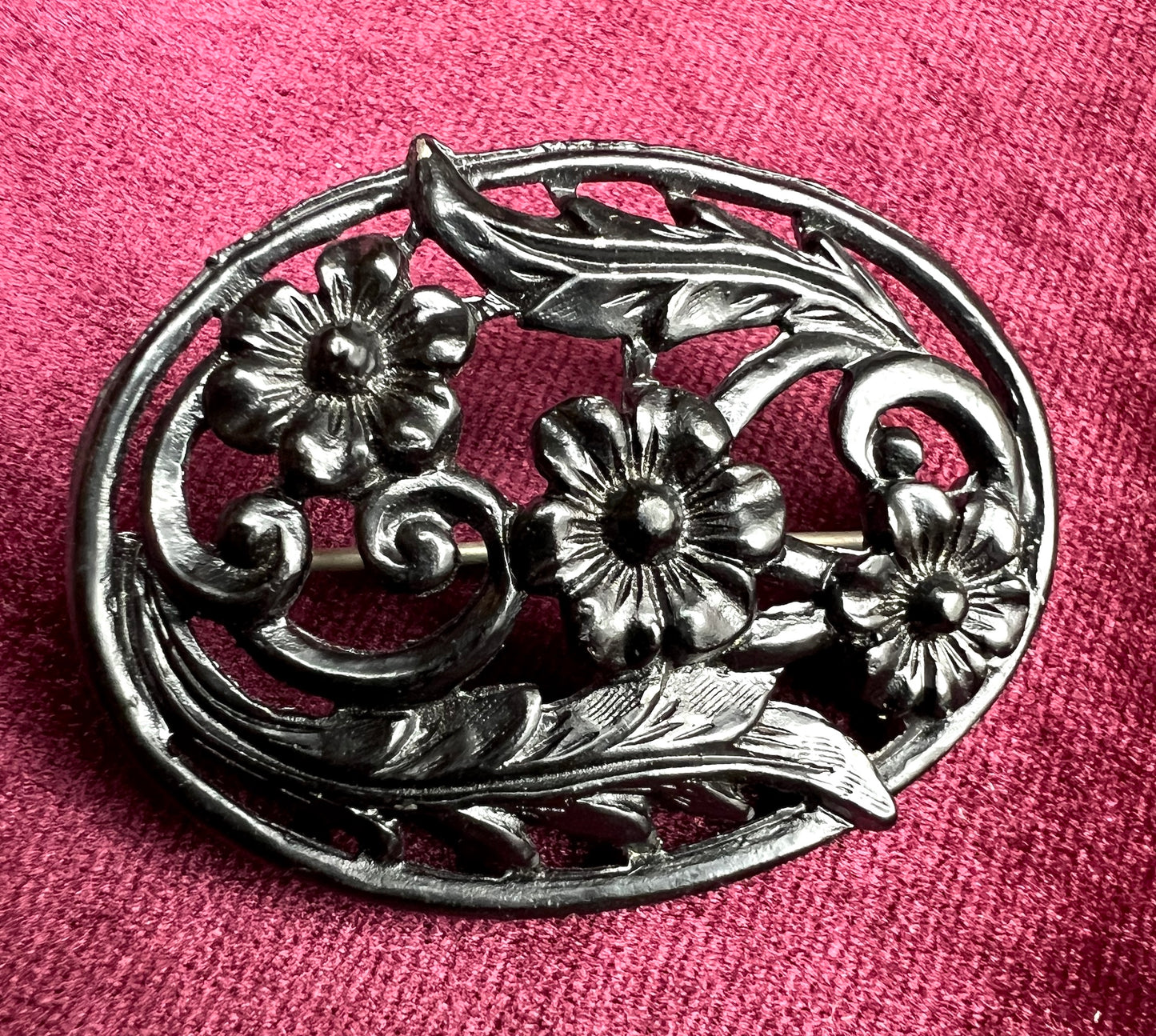 Sweet 1940s Black Metal Oval Floral Brooch