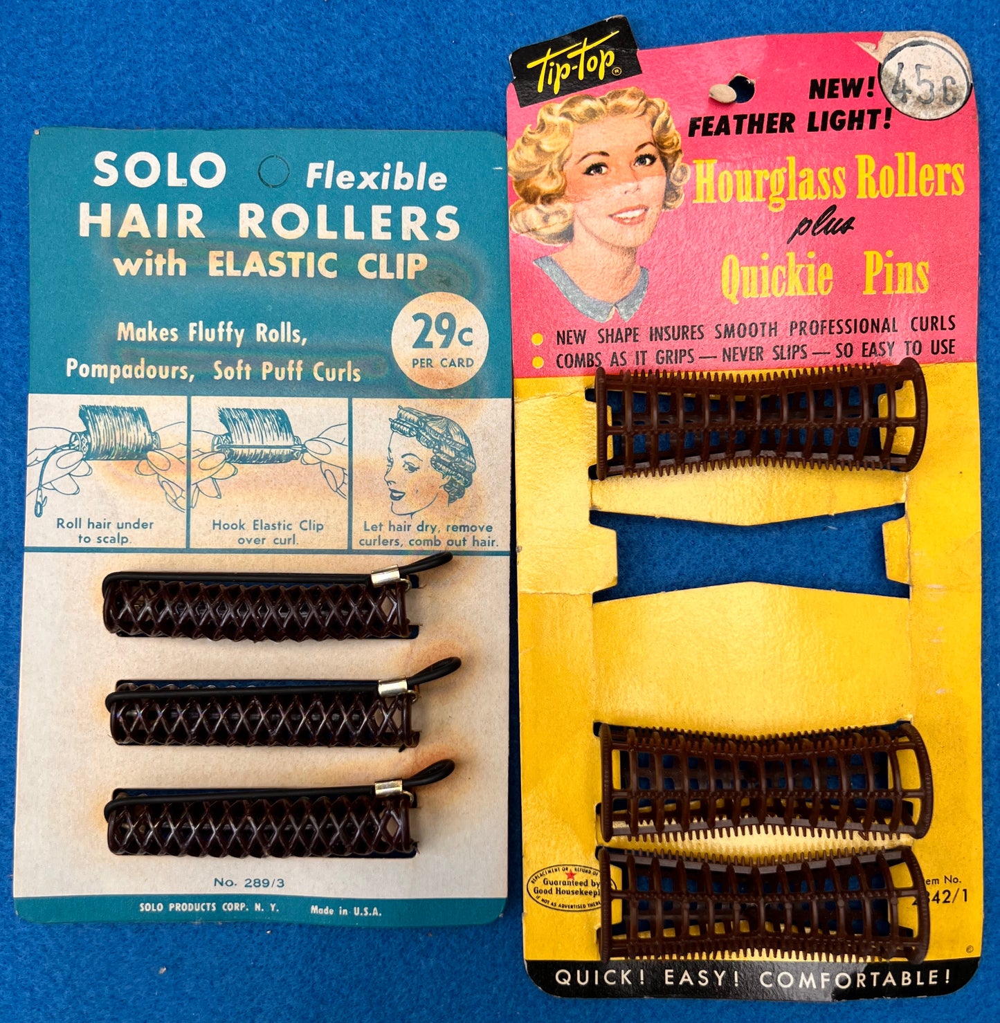 6 Hair Roller Display cards from the 1940s and 50s