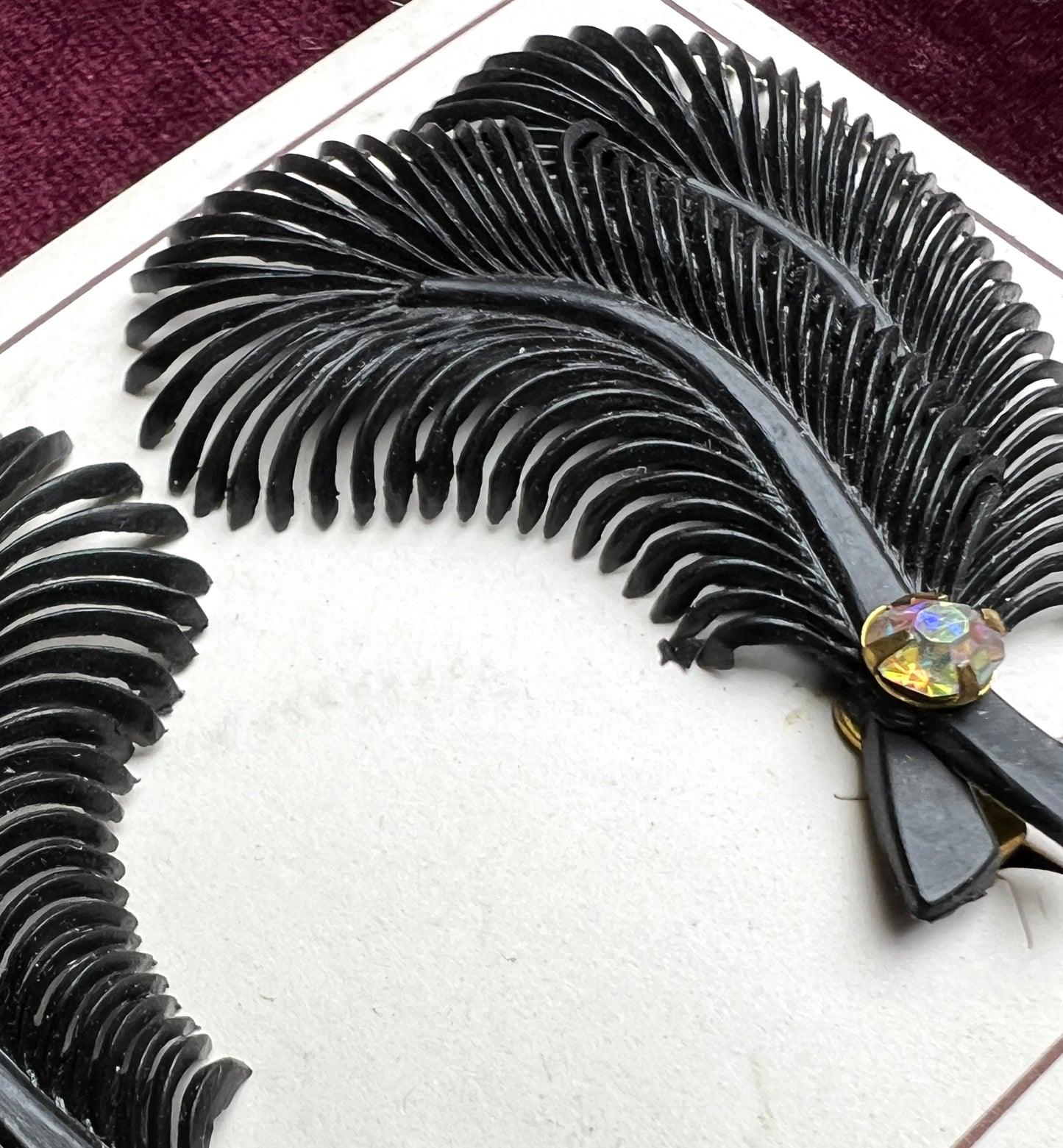 Burlesque Black Feather and Diamante Vintage Clip-on Earrings