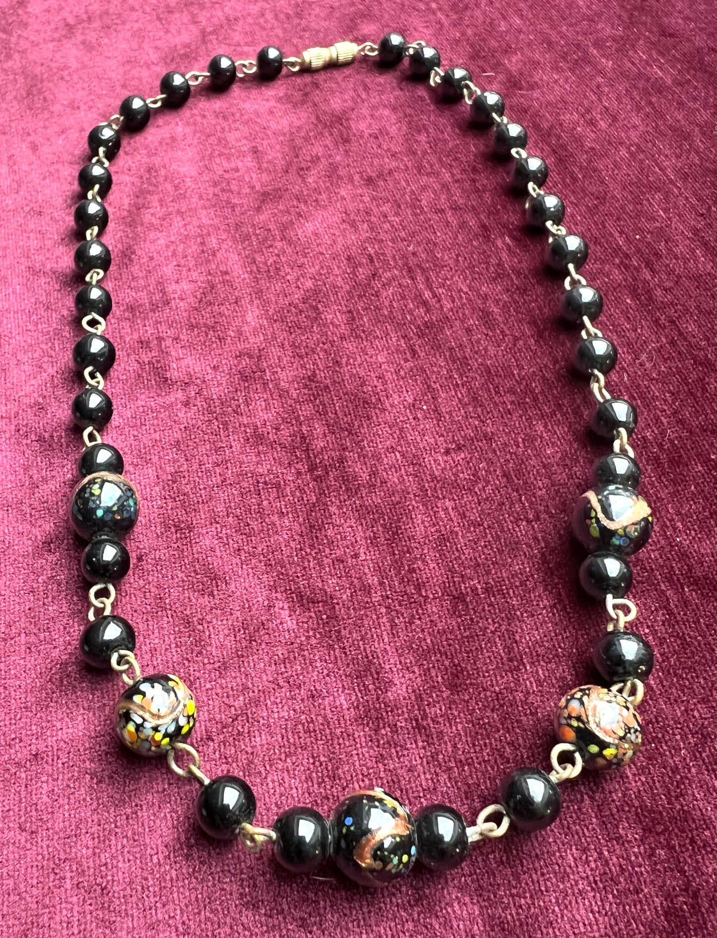 1920s Venetian Black Glass Bead Necklace - 18"/44cm