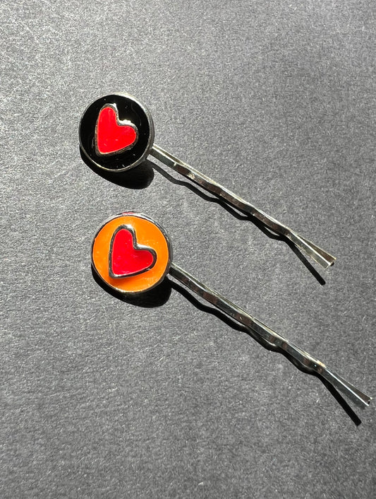 Enamel Heart 1980s  Hair Pins - Orange or Black