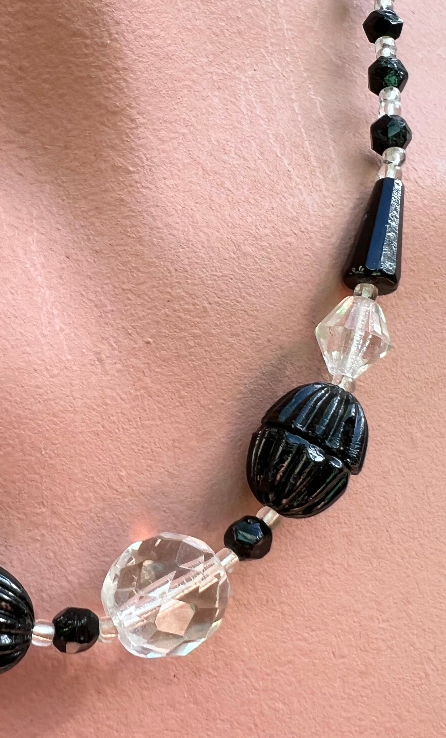 Compelling Czech Black and Clear Crystal Necklace 16"/40cm