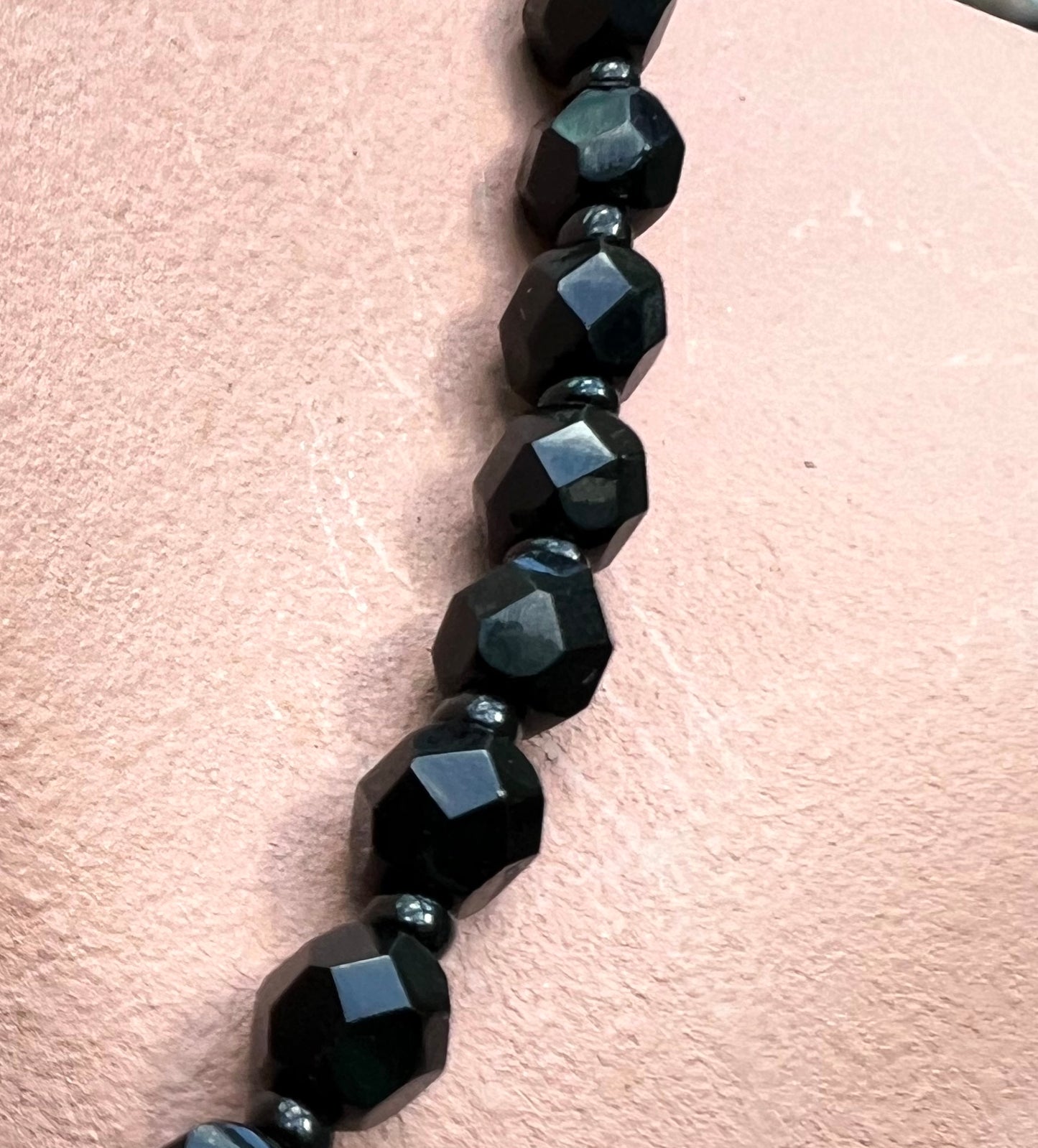 Early C20th Jet Black Glass Faceted Bead Necklace - 16"/40cm