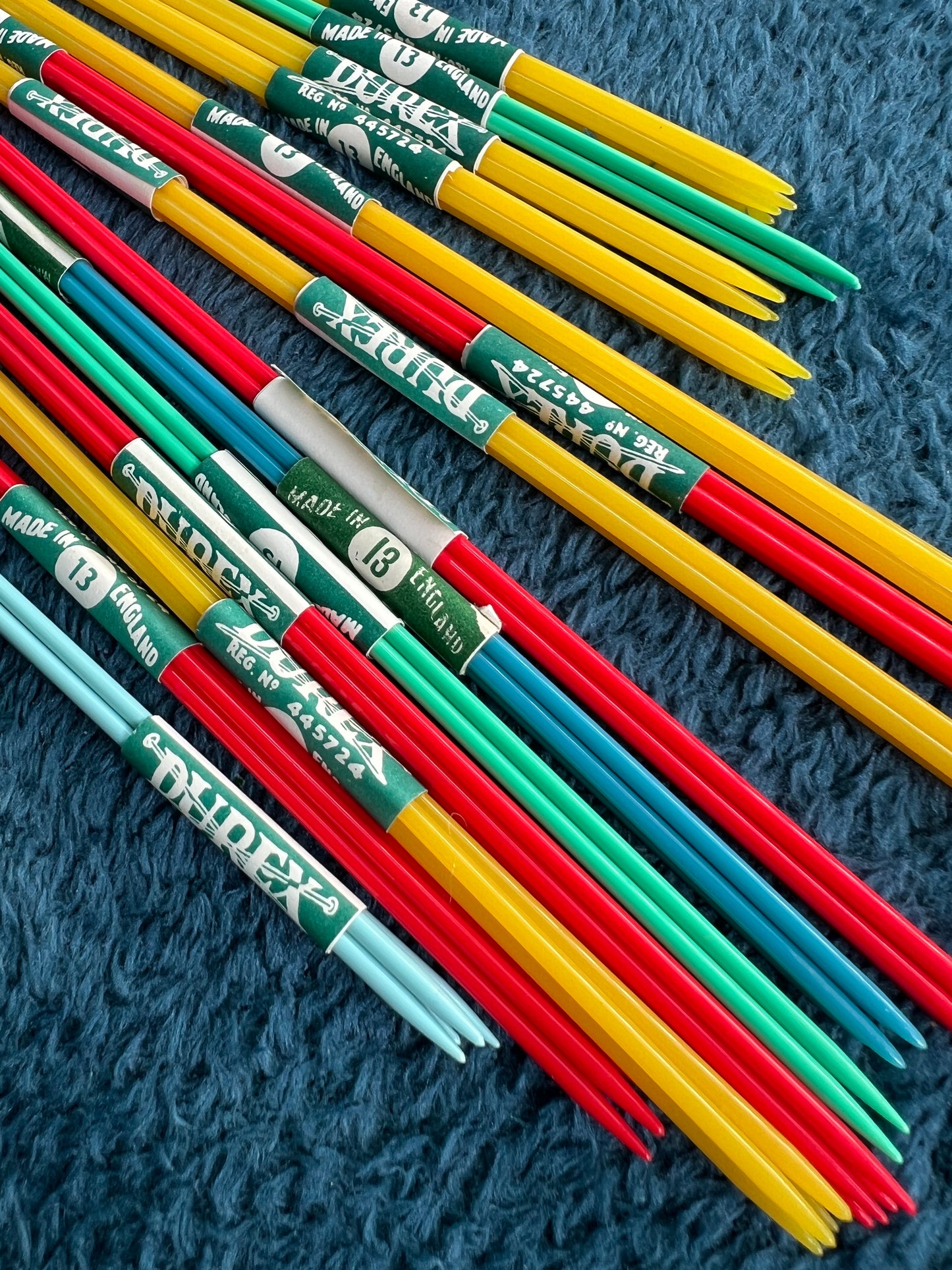 Box of 14 Sets of DUREX Gauge 13 Double Pointed Knitting Needle Sets 9" + 12" long.