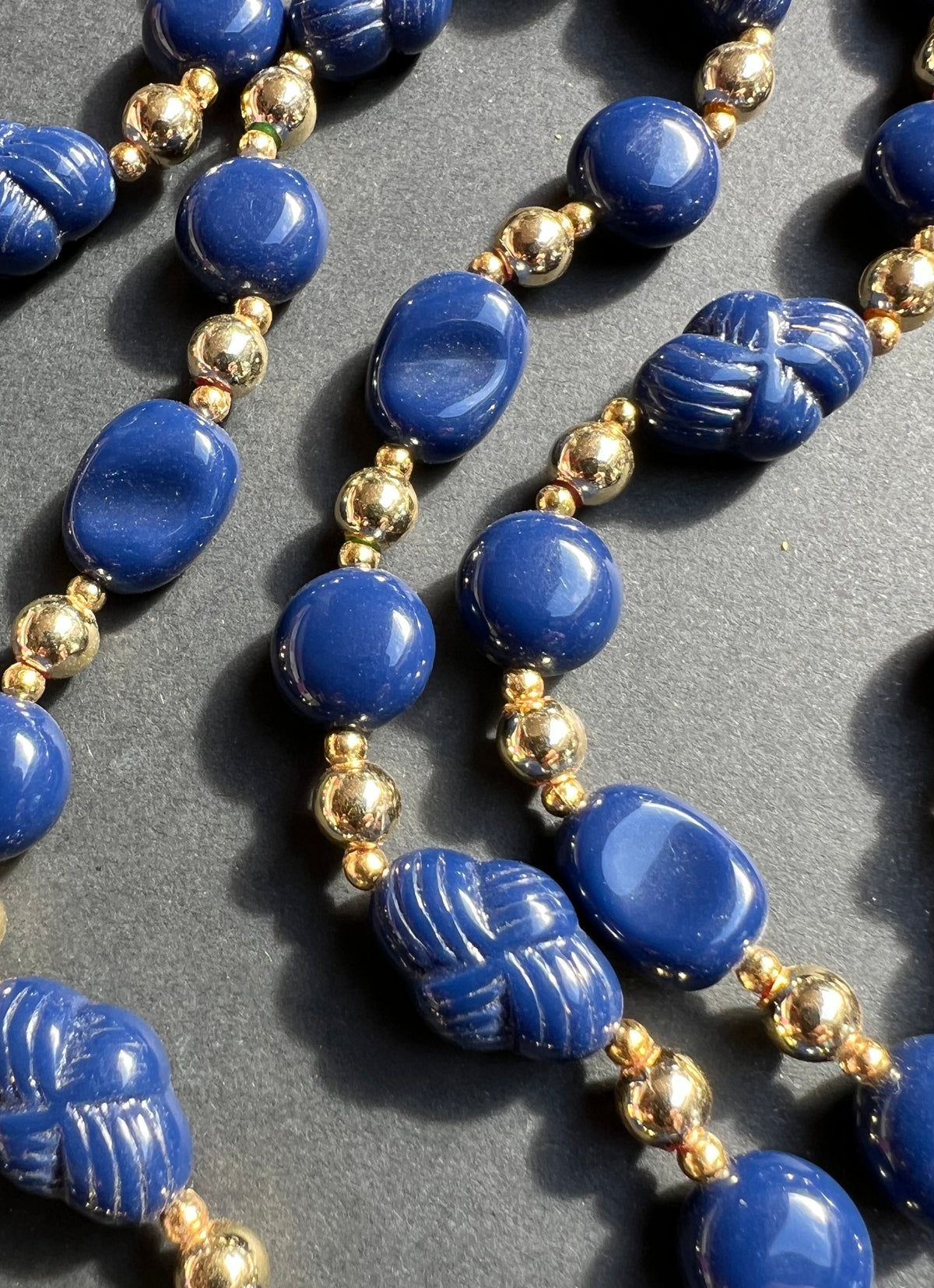 Long 48" Blue and Gold Vintage Knotted Lucite Beads