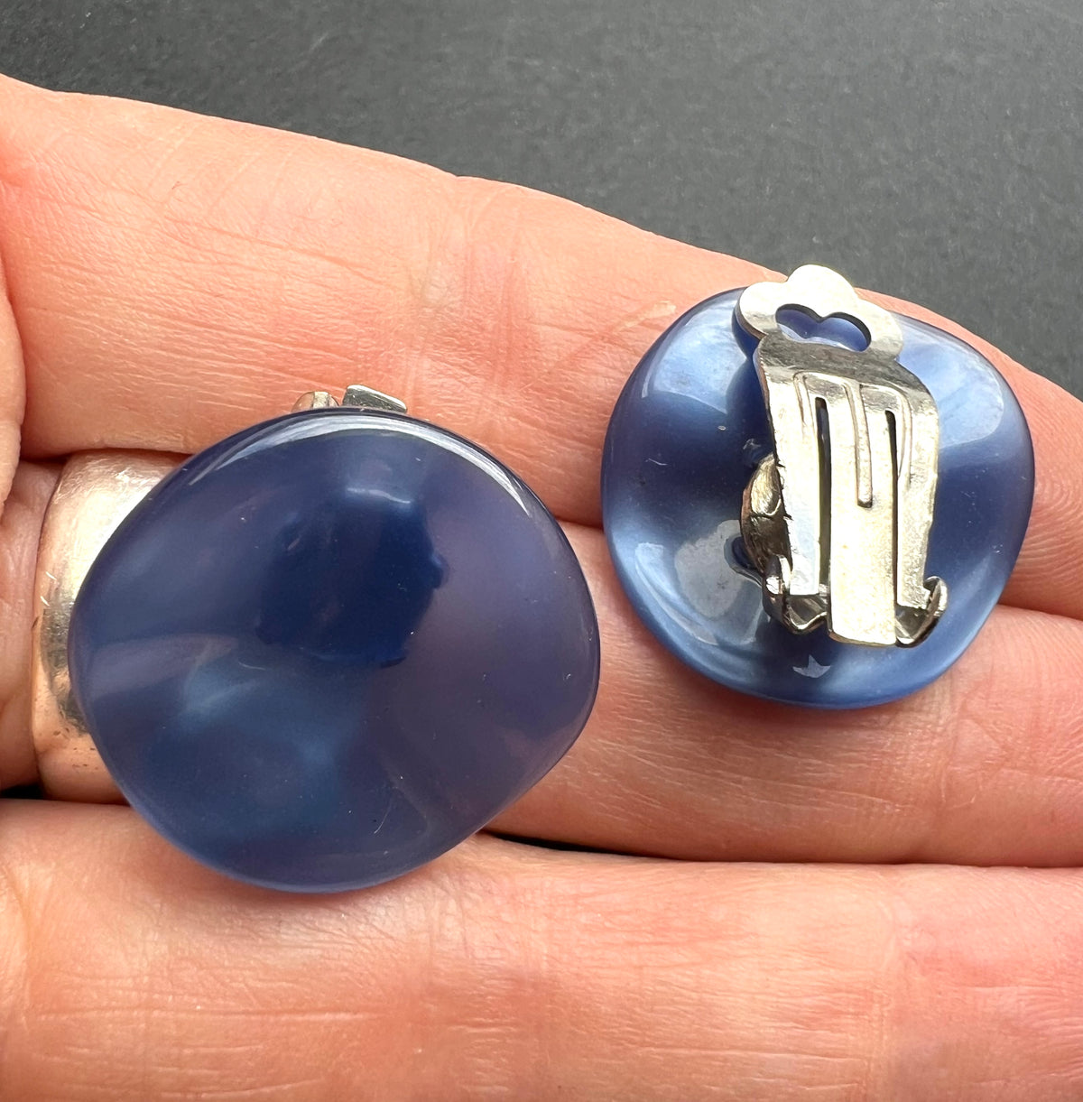 Dimpled Shiny Blue Lucite Vintage Clip On Earrings