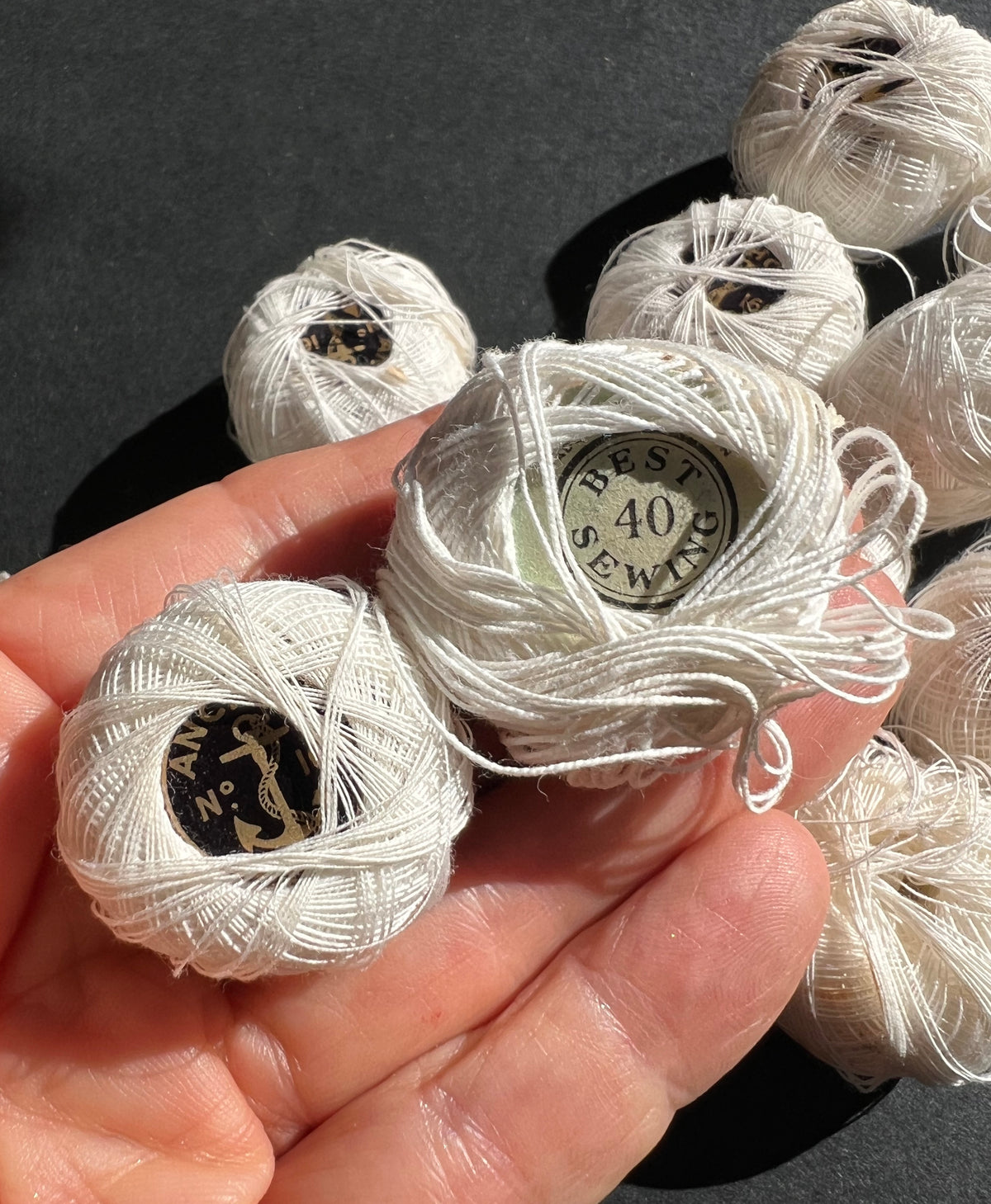 14 Vintage balls of White Cotton - 2 Types - 1 Thick, 1 Thin.