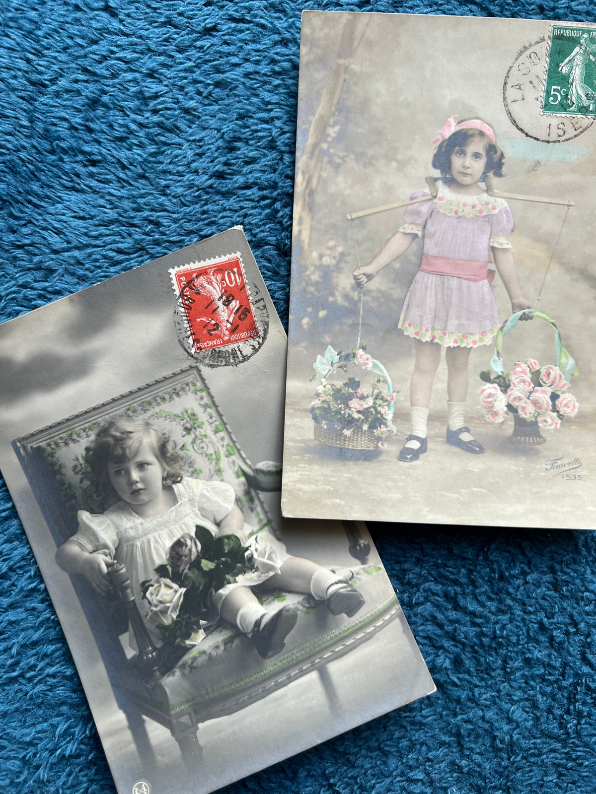 7 Pretty Early C20th French Postcards of Children with Flowers.