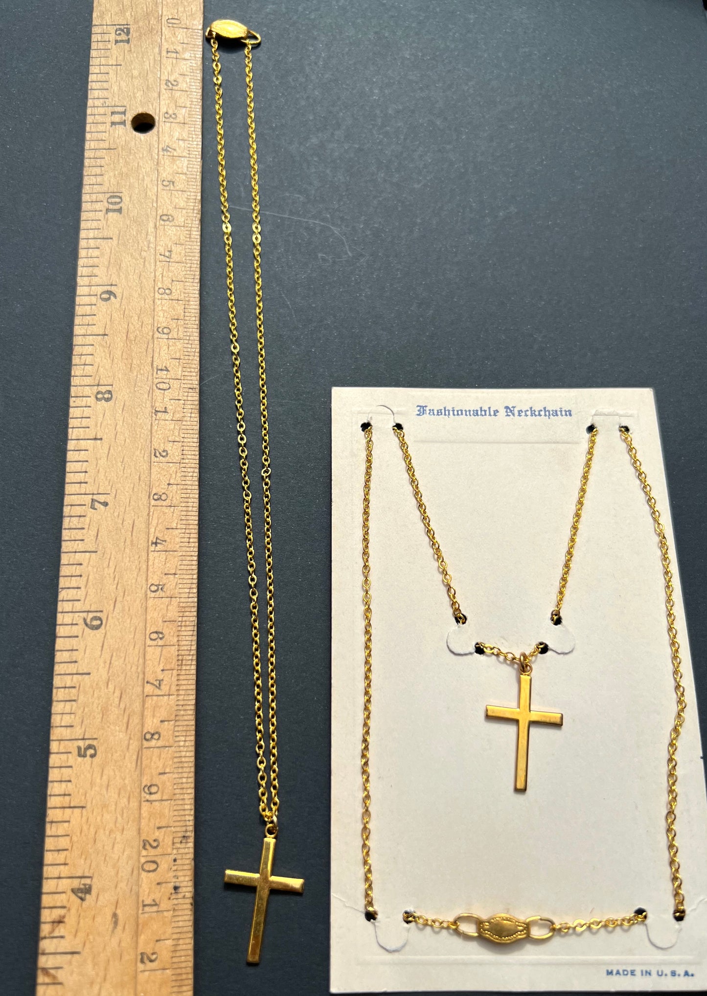 Sweet Vintage Gold Tone Cross Necklace on Original Card