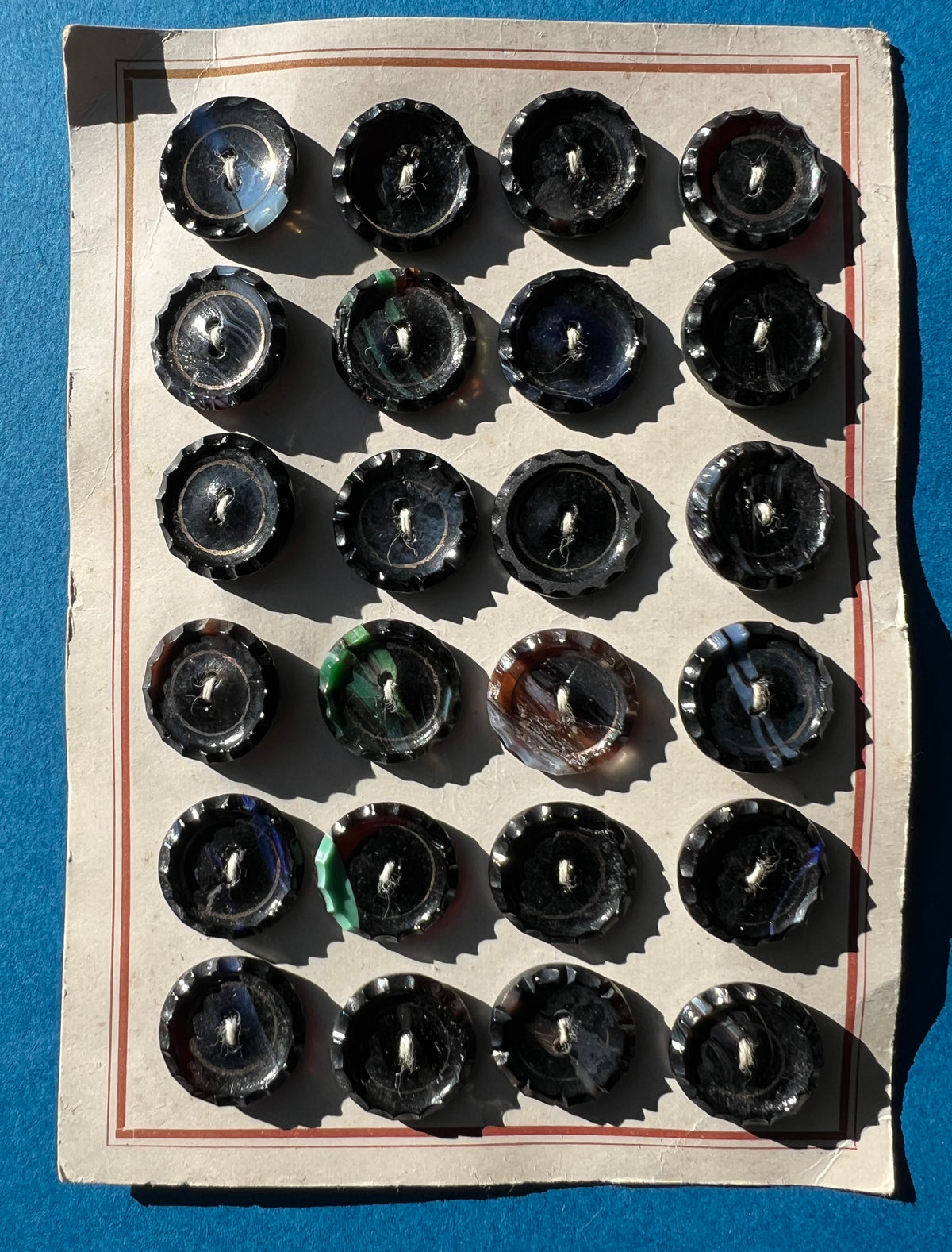 24 Unusual Vintage Black, Gold, Green + Blue 1.8cm Glass Buttons