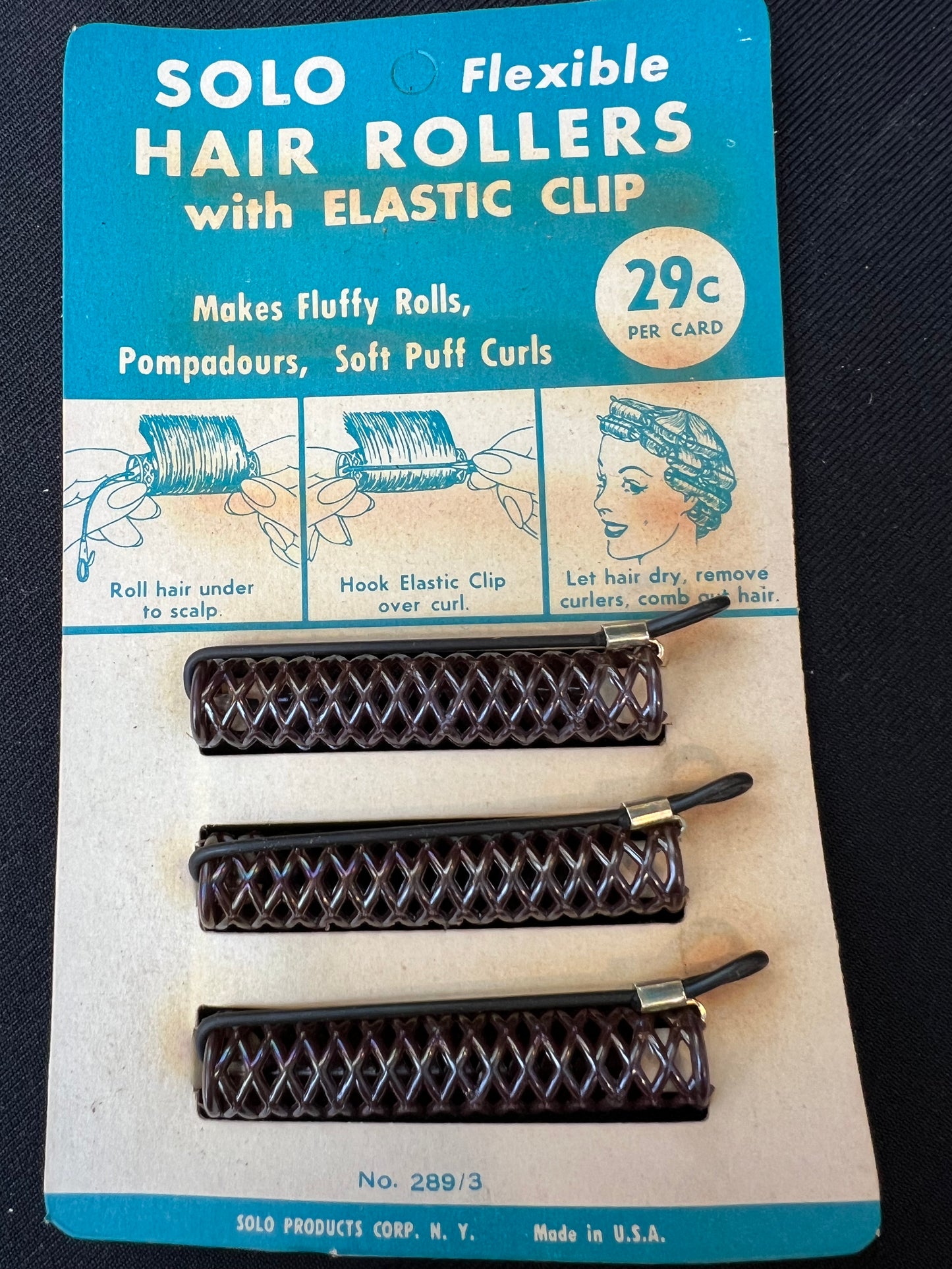 Vintage Sheet of 3 Flexible Hair Rollers with Elastic Clip AND Instructions