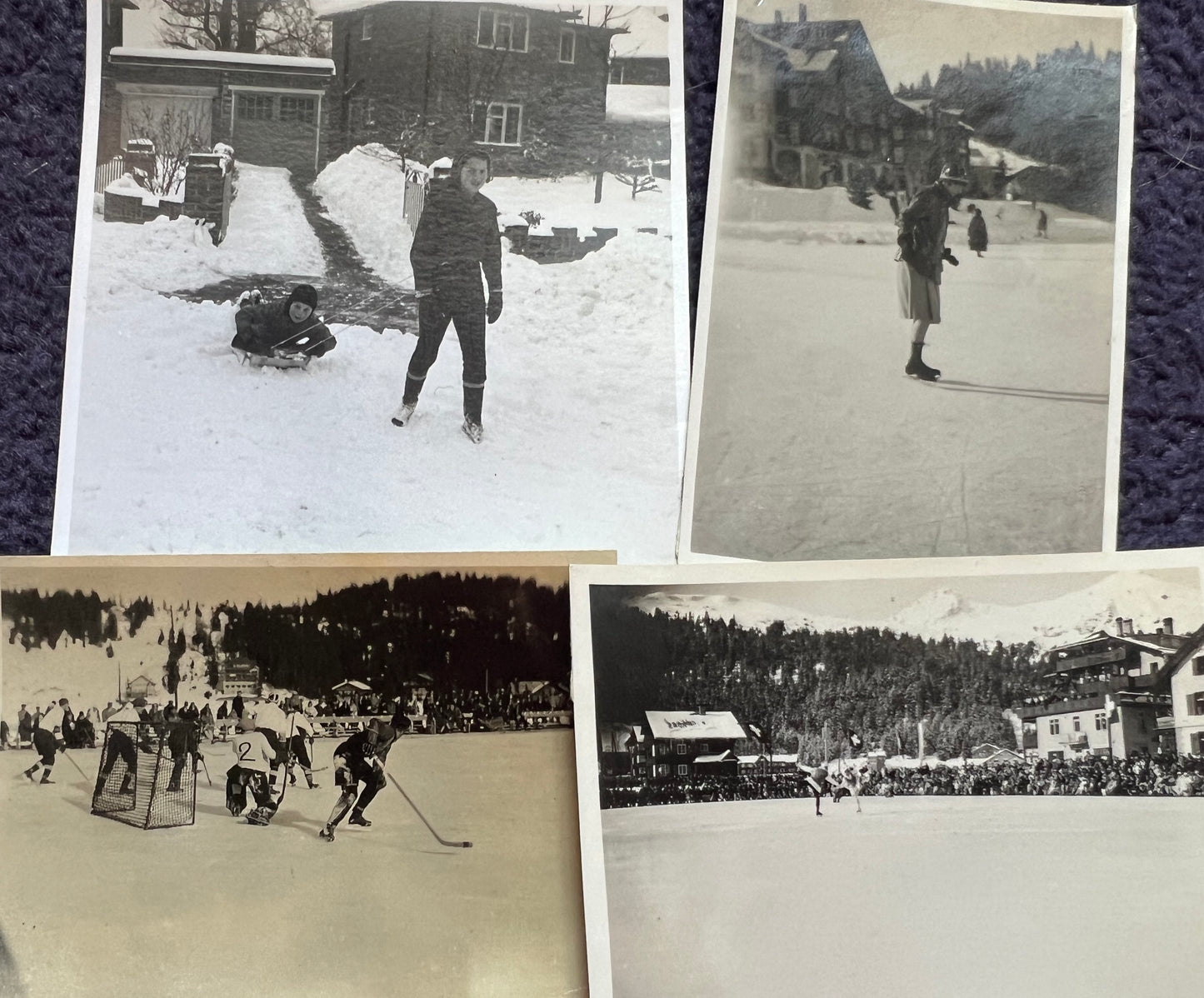 8 Old Photos of Fun in The Snow incl Curling, Skating + Ice Hockey (F10)
