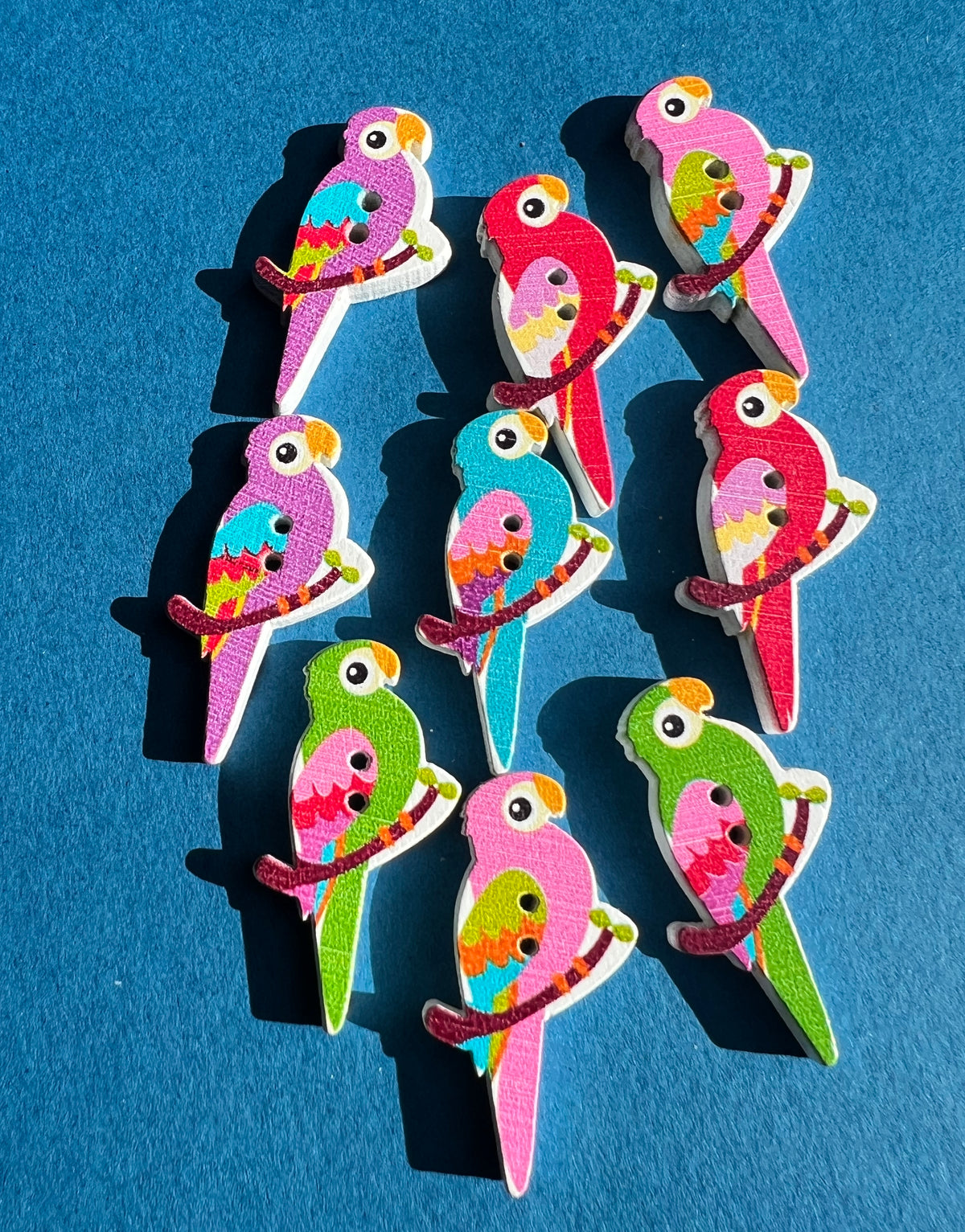 9 Colourful Wooden Parrot 3.5cm Buttons