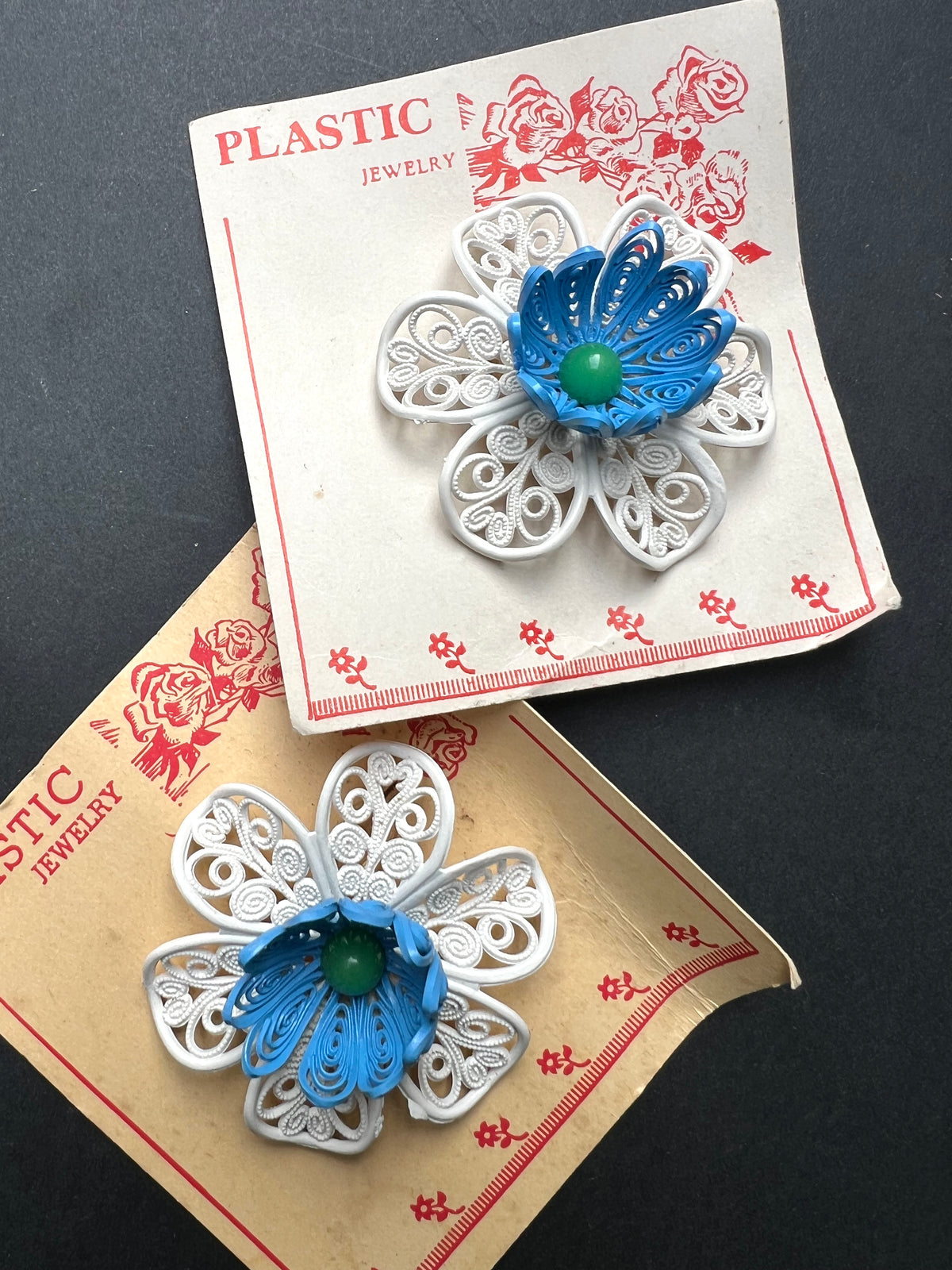 Vintage 1950s Big Blue and White Filigree Flower Brooch
