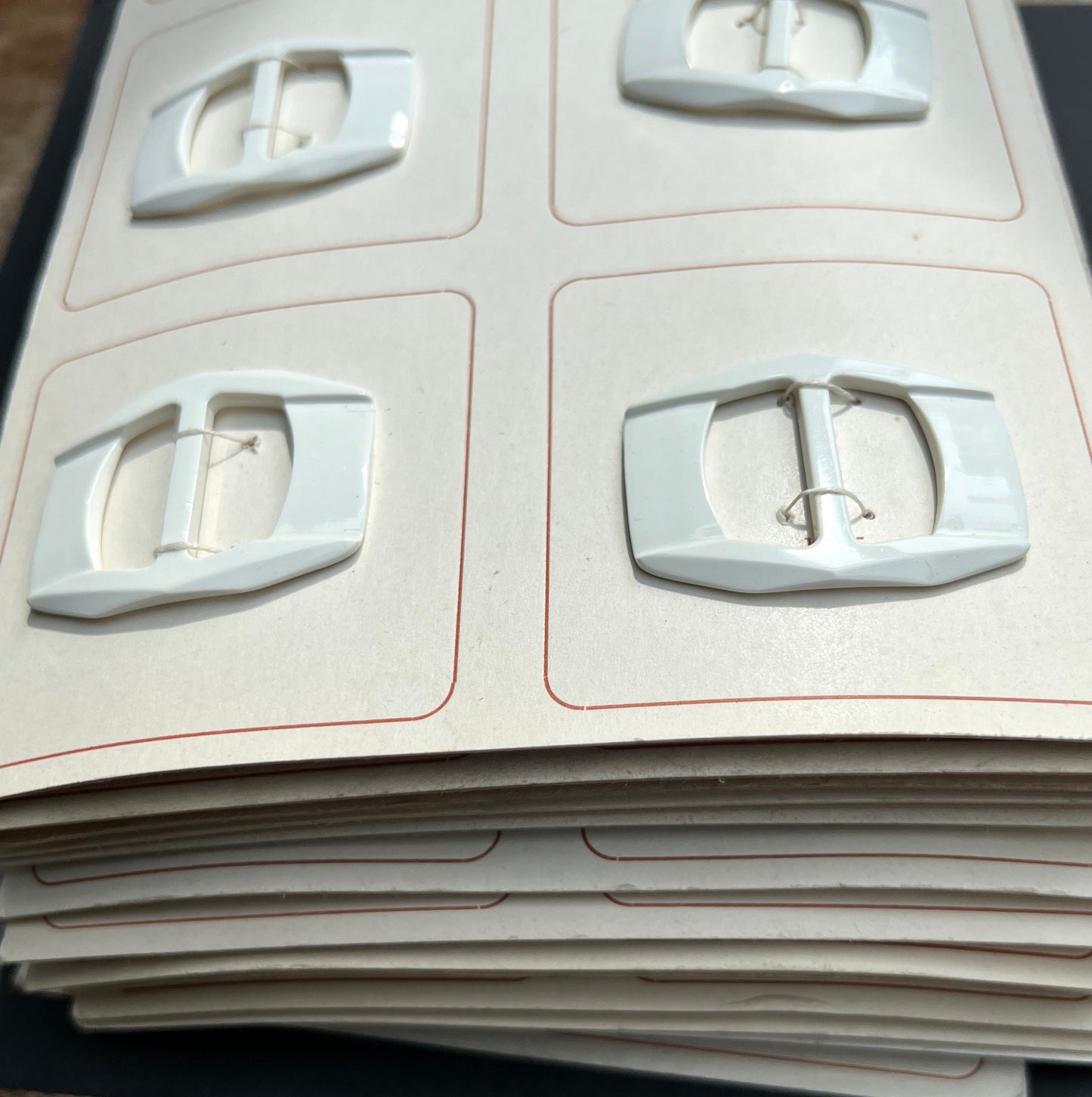 Sheet of 6 vintage 3cm tall Mid Century White Buckles