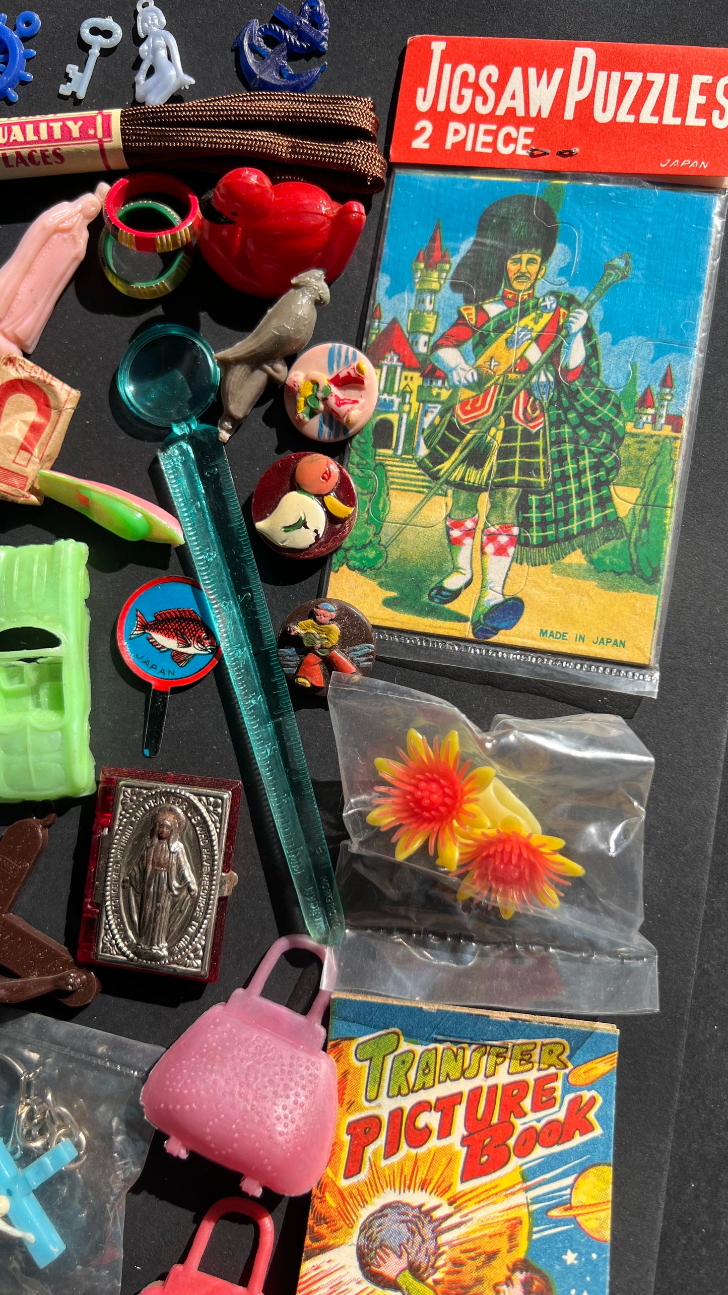 Job Lot of Vintage Toys Buttons, Transfers Etc from the Bottom of a Box (A)