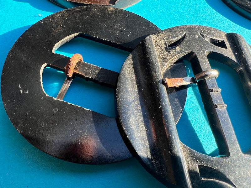 9 Vintage Bakelite Buckles with Rusty Prongs 2.5" wide