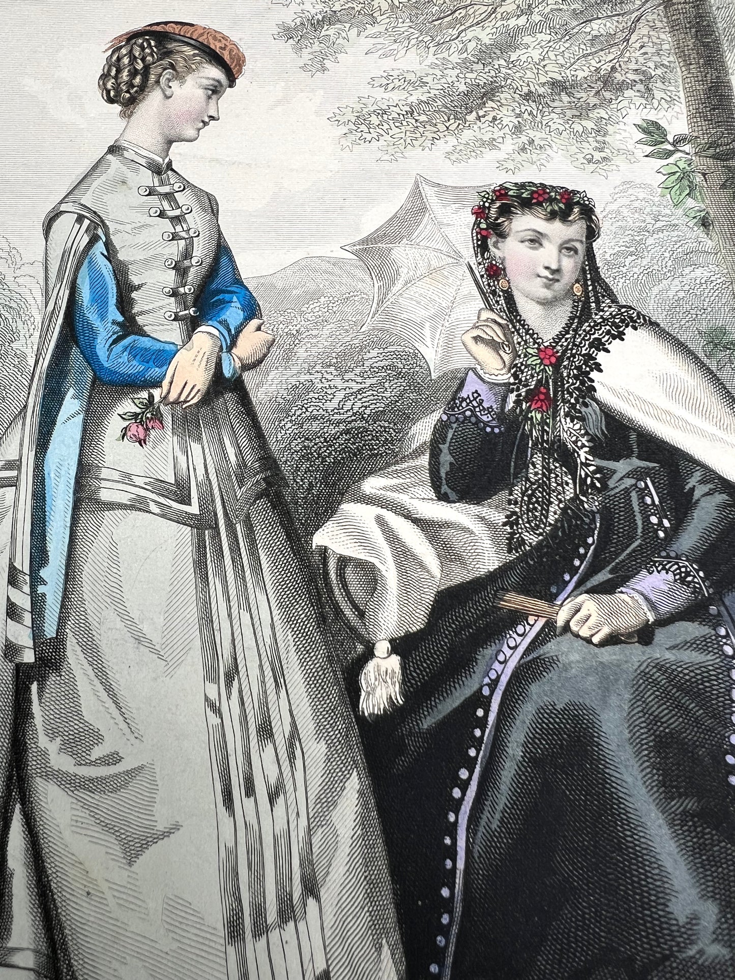 C.1860 Signed French Hand Tinted Engraving of Attractively Dressed Women 27 x 38cm