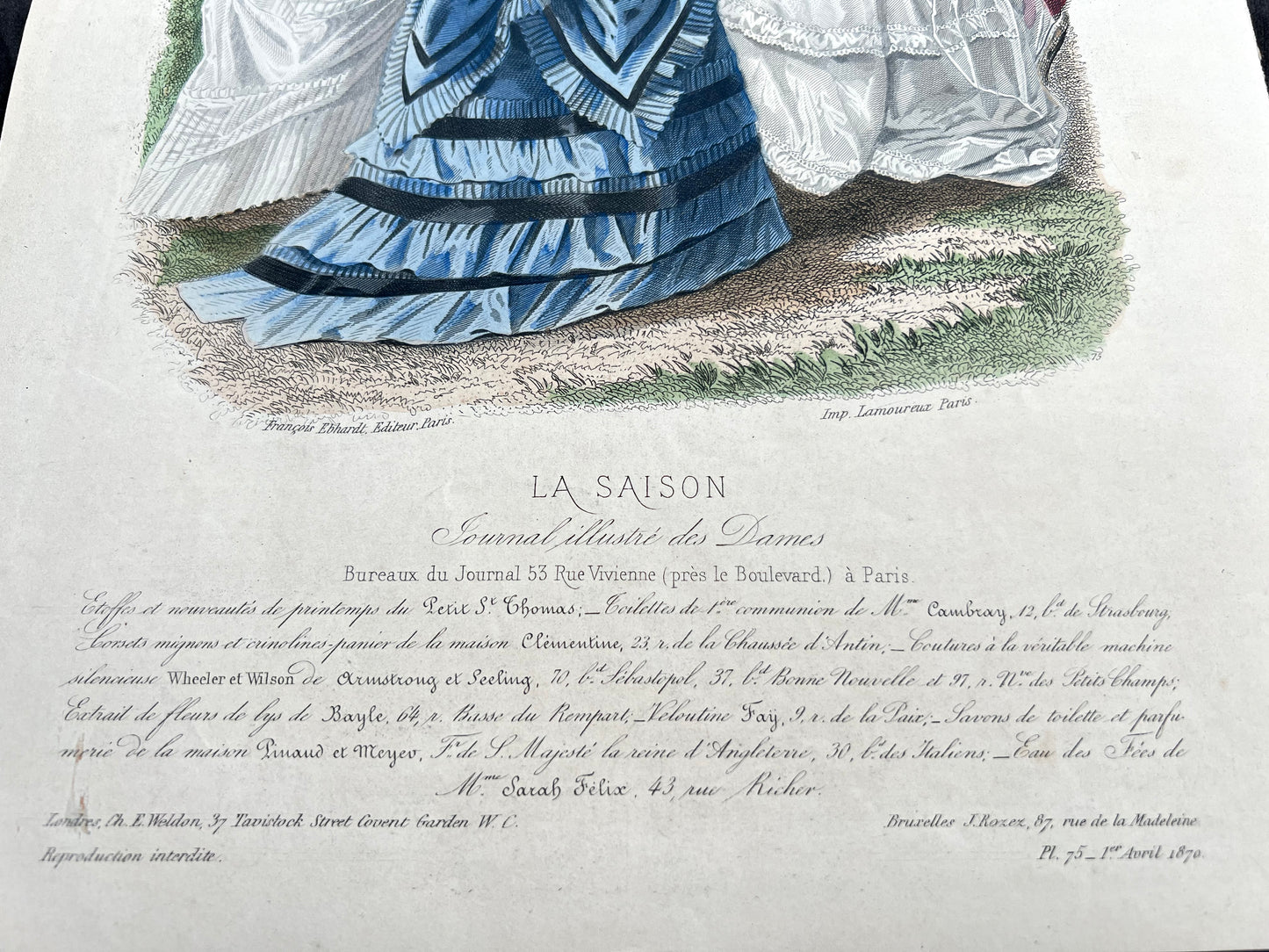 1870 Signed French Hand Tinted Engraving of Girls in Confirmation Dresses 27 x 38cm