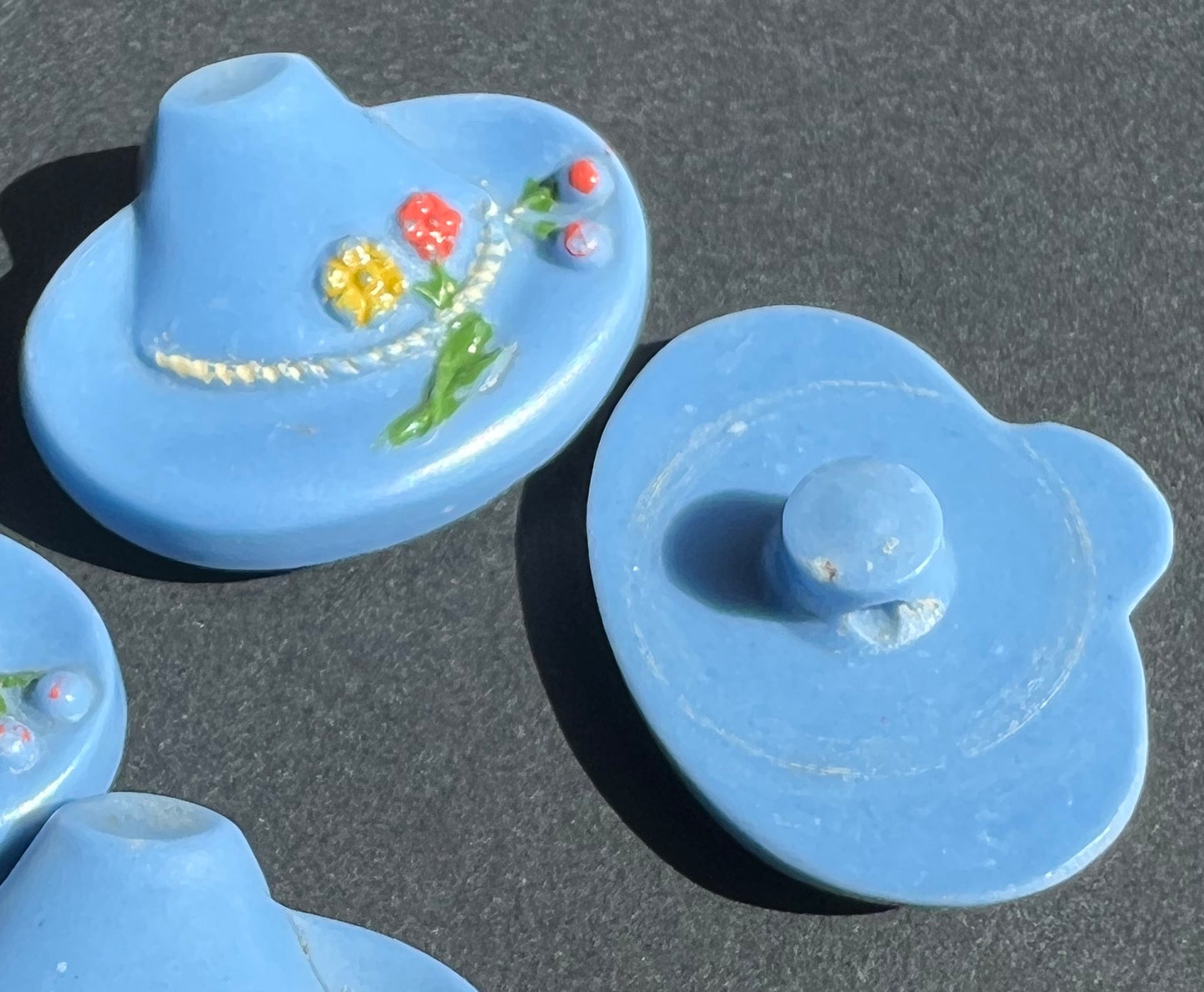 6 Vintage Blue Tyrolean Hat Buttons with Cherries