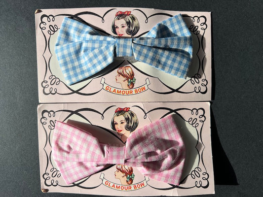 Gingham 1960s Pink or Blue "Glamour Bow" Hair Clip