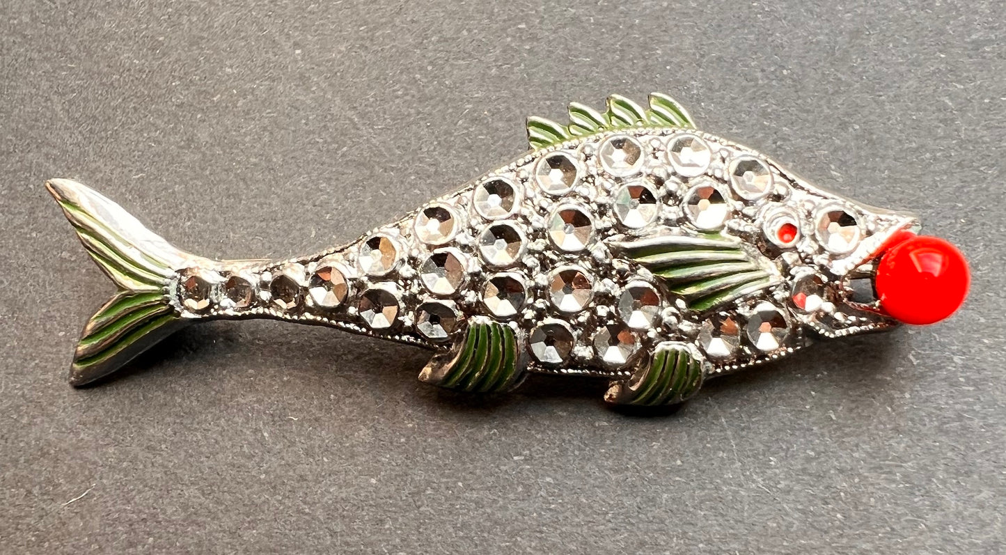 Vintage Faux Marcasite Fish with Ball Brooches