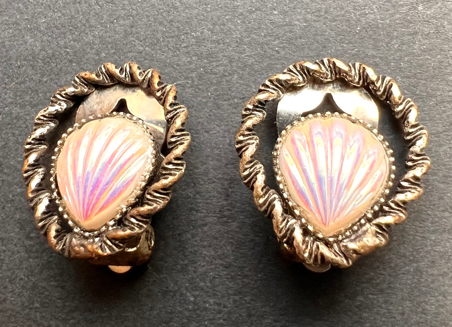 Delightful Iridescent Seashell Vintage Clip On Earrings