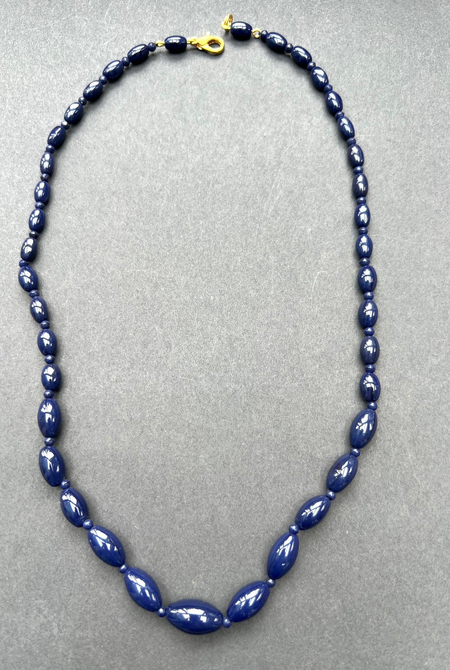 Vintage Graduated Royal Blue Oval Glass Bead Necklace
