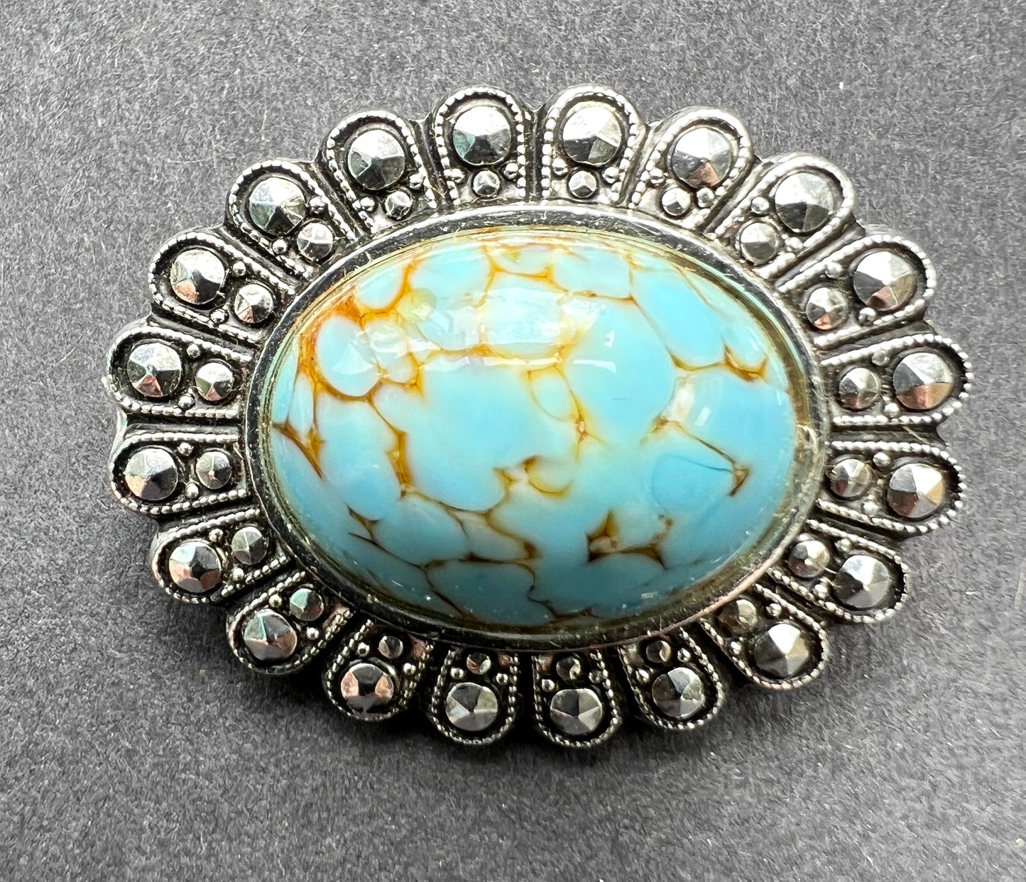 Mid Century Faux Turquoise & Marcasite Glass Brooch