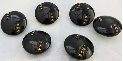 6 French Deco Black & Gold Big 2.3cm Vintage Glass Buttons