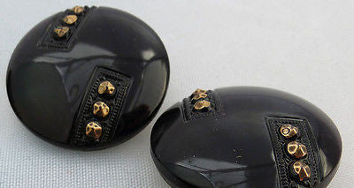 6 French Deco Black & Gold Big 2.3cm Vintage Glass Buttons