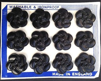 Black 2.2cm Vintage 1940s English Bakelite Flower Buttons