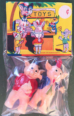 Vintage 1950s Toy Pigs - 2 of them..holding a Rabbit... well Why Not ?