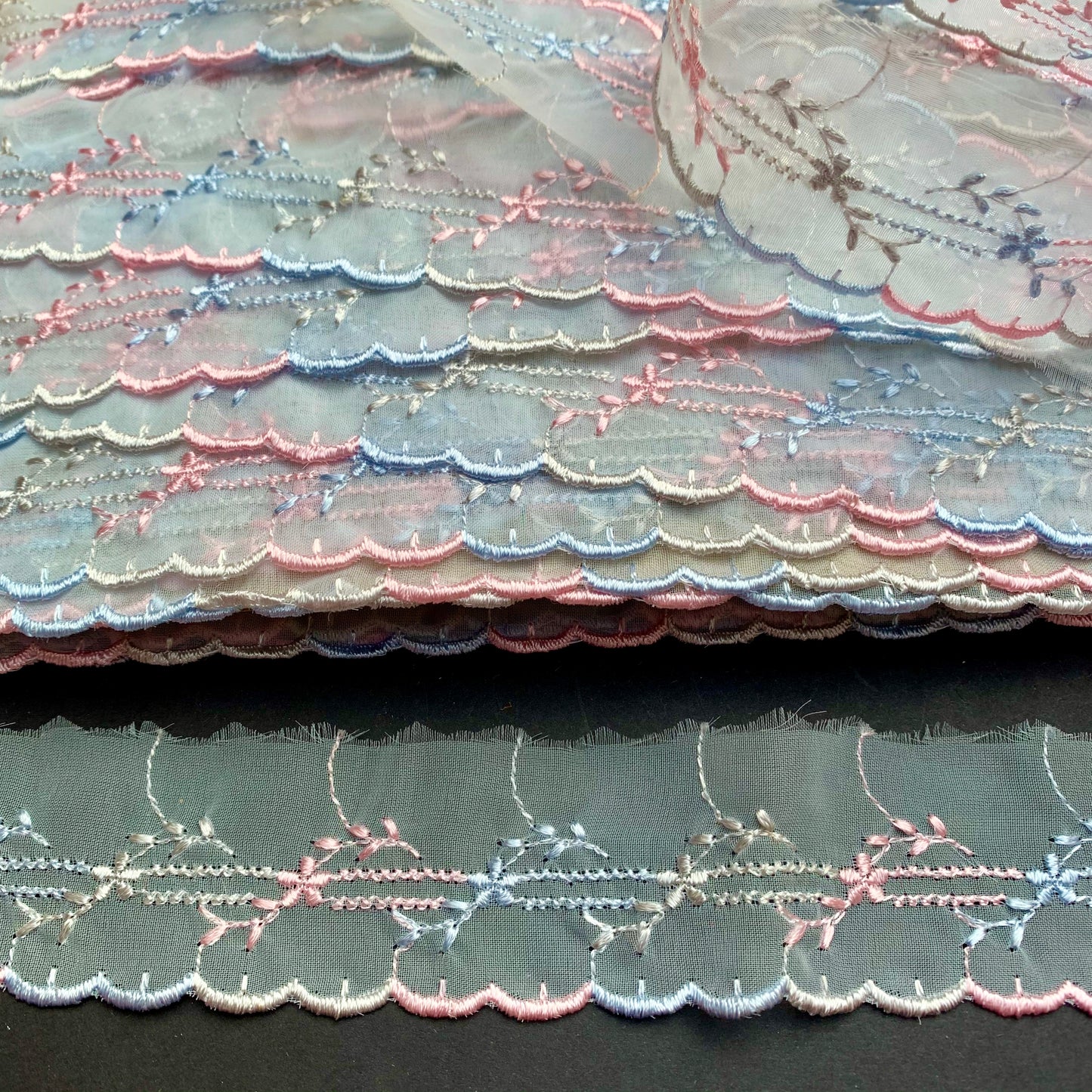 1m Pretty Pearly Pink, Blue and White 3.5cm Vintage Trim