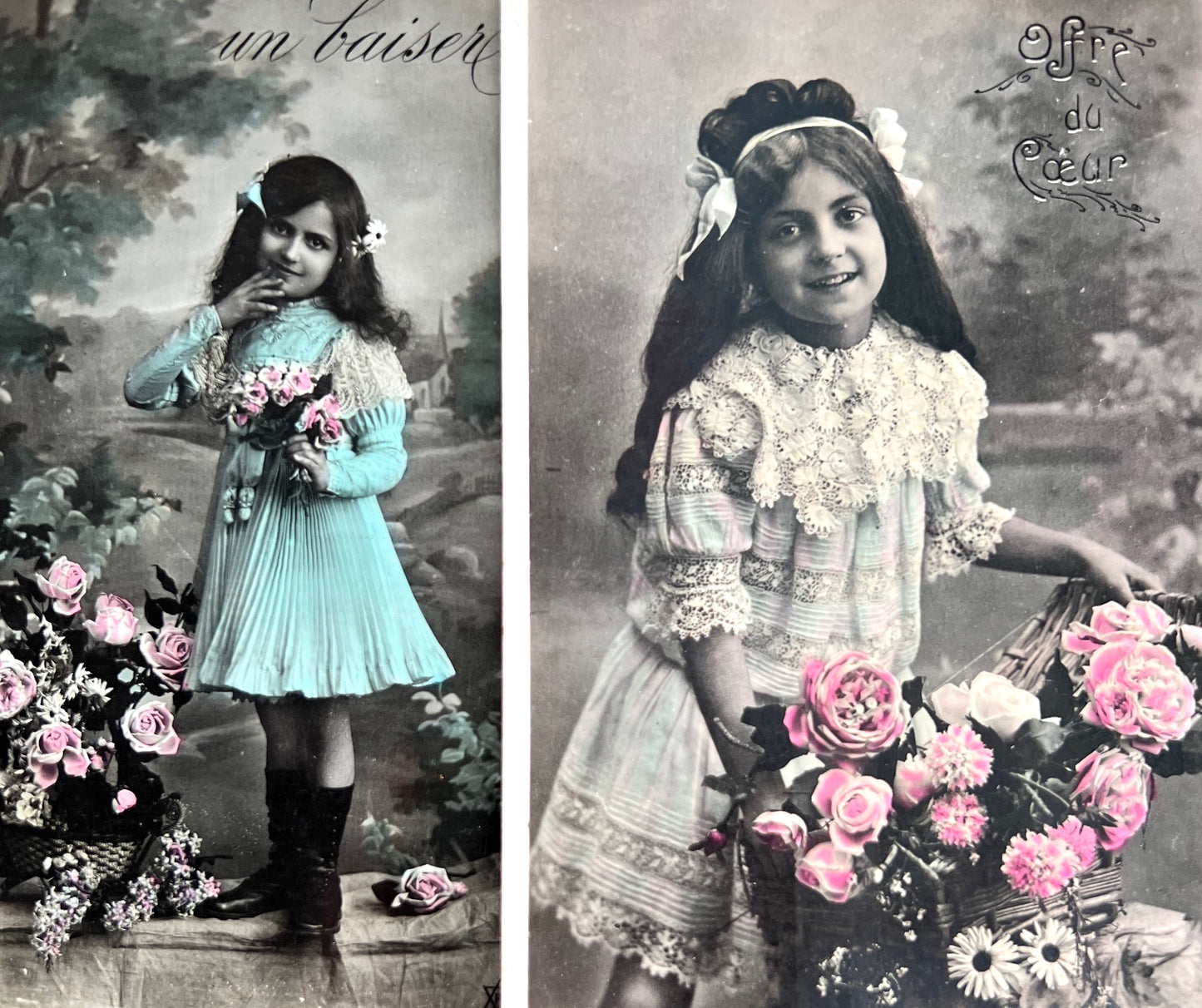 4 Hand Tinted Early 1900s French Postcards of Girls in Pretty Dresses (123)