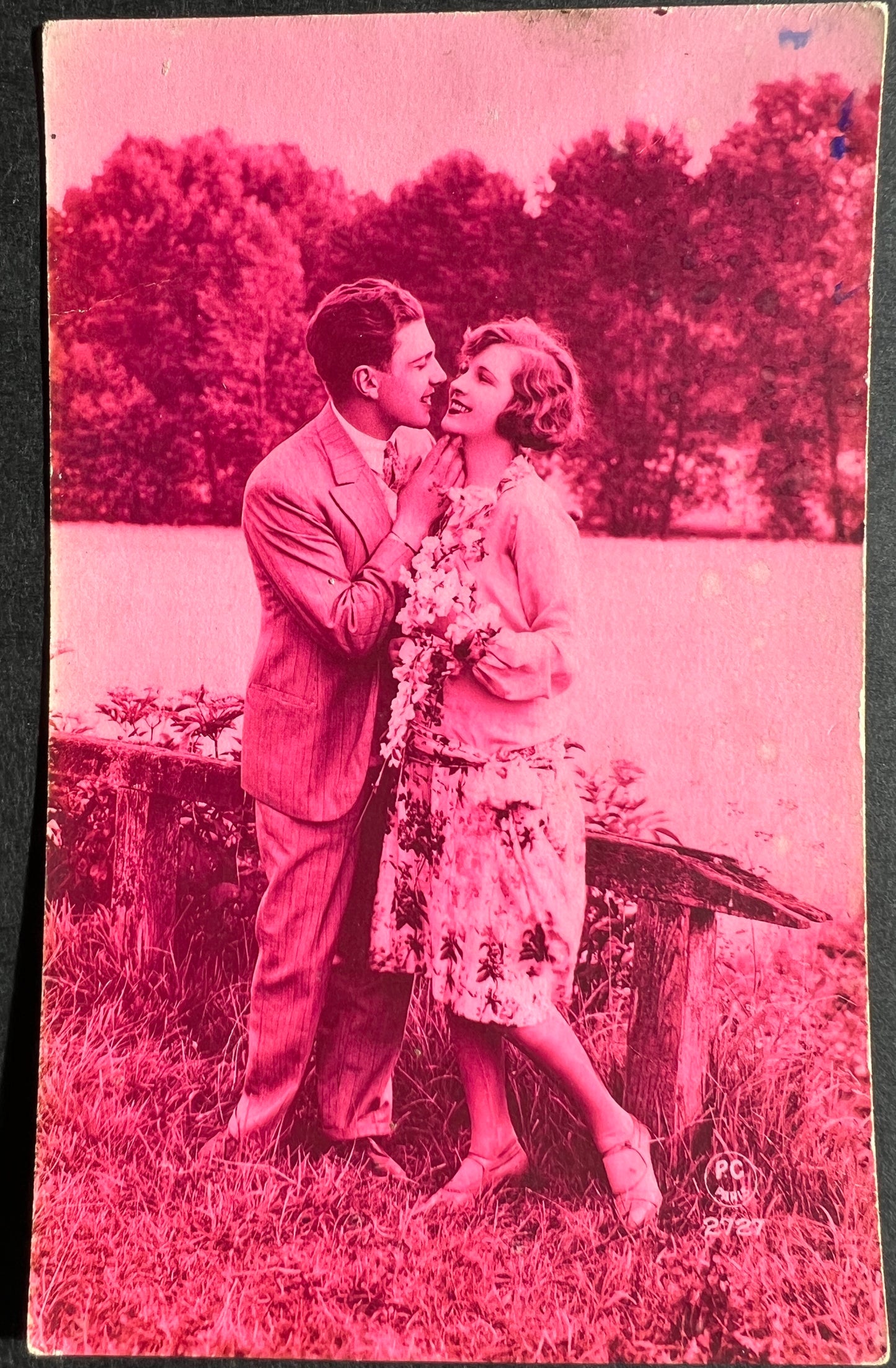 Smooching in The Country 1920s French Romantic Pink Tinted Postcard