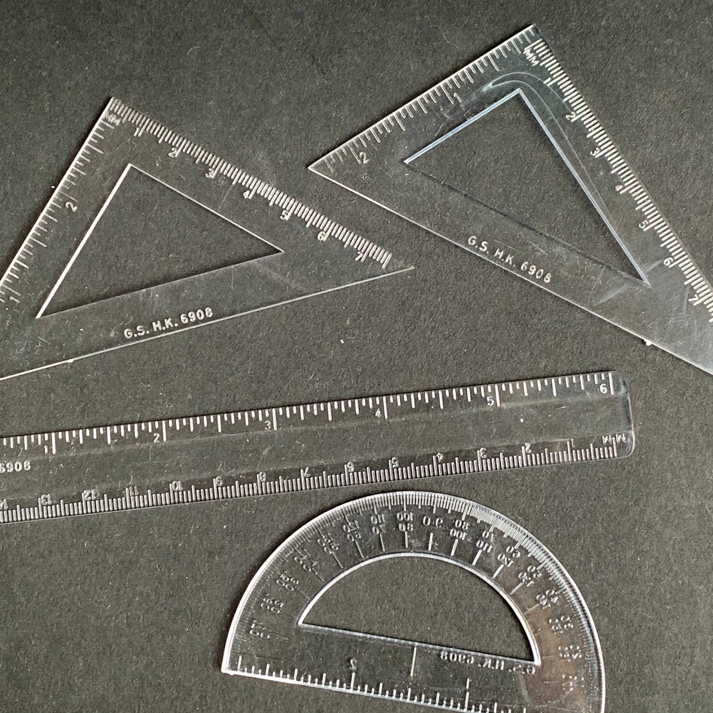 1960s School Set - Ruler, 2 Set Squares and Protractor