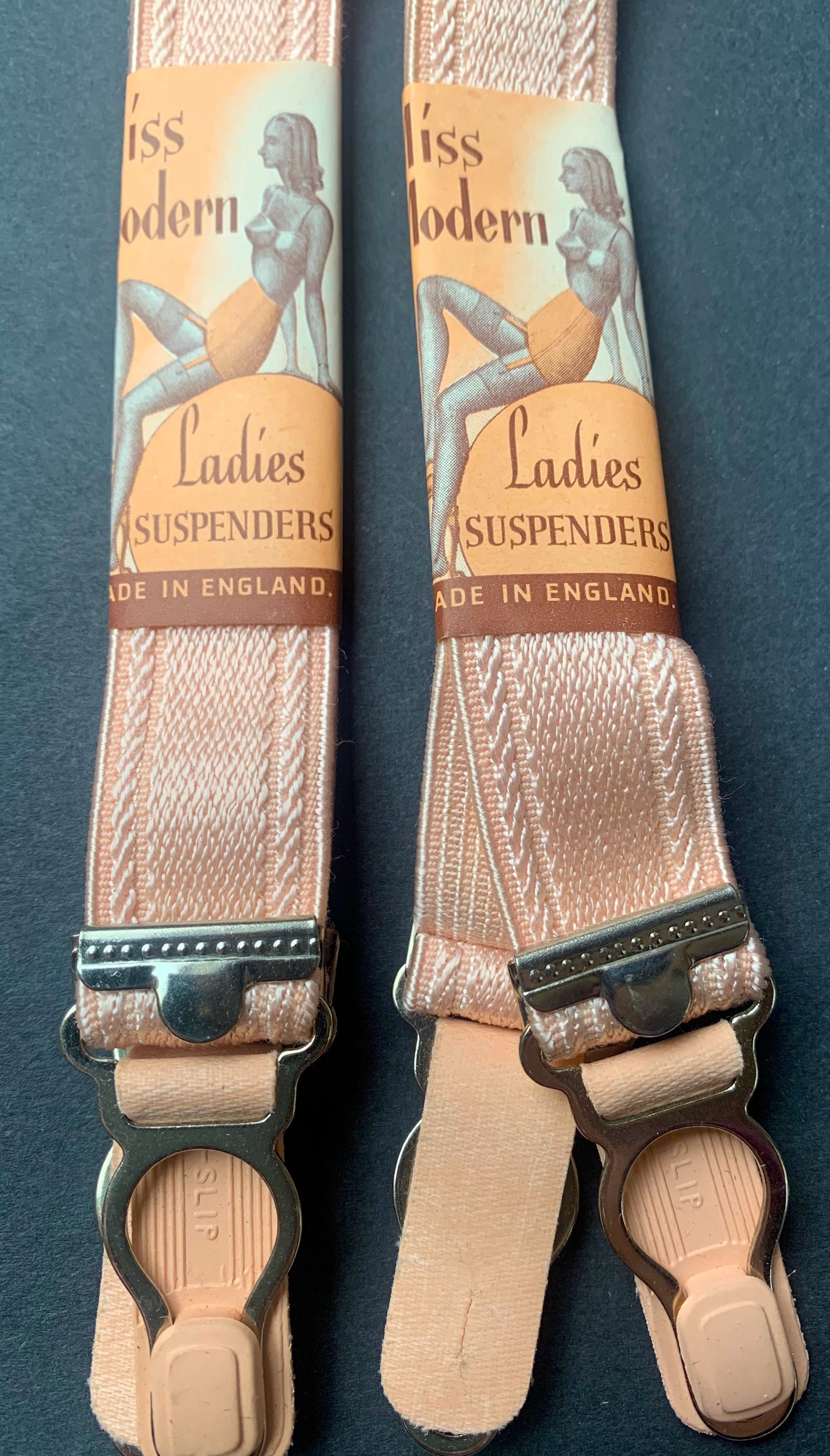 2 Pairs of 2cm wide 1940s Peach Pink Miss Modern Ladies SUSPENDERS